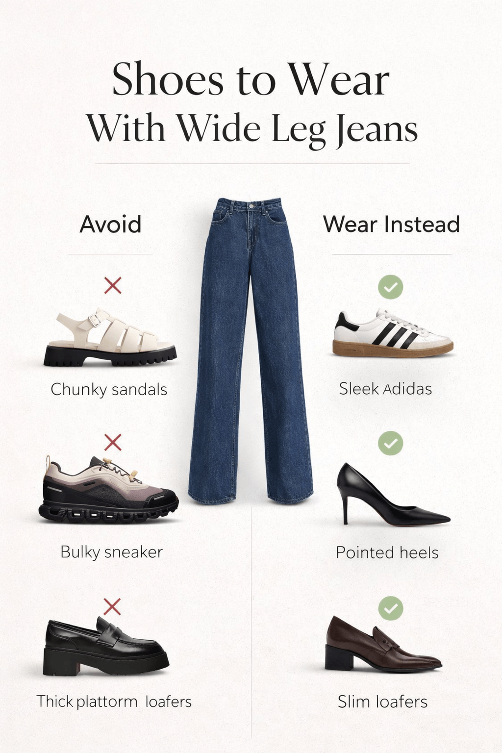 comparison showing shoes to wear with wide leg jeans including sleek sneakers pointed heels slim loafers and ankle boots versus chunky sandals bulky sneakers and platform loafers to avoid