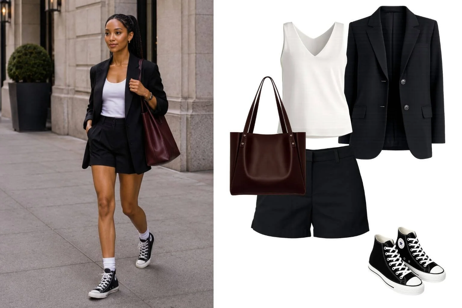 Woman wearing a black blazer with matching tailored shorts, white tank top, and black Converse sneakers.