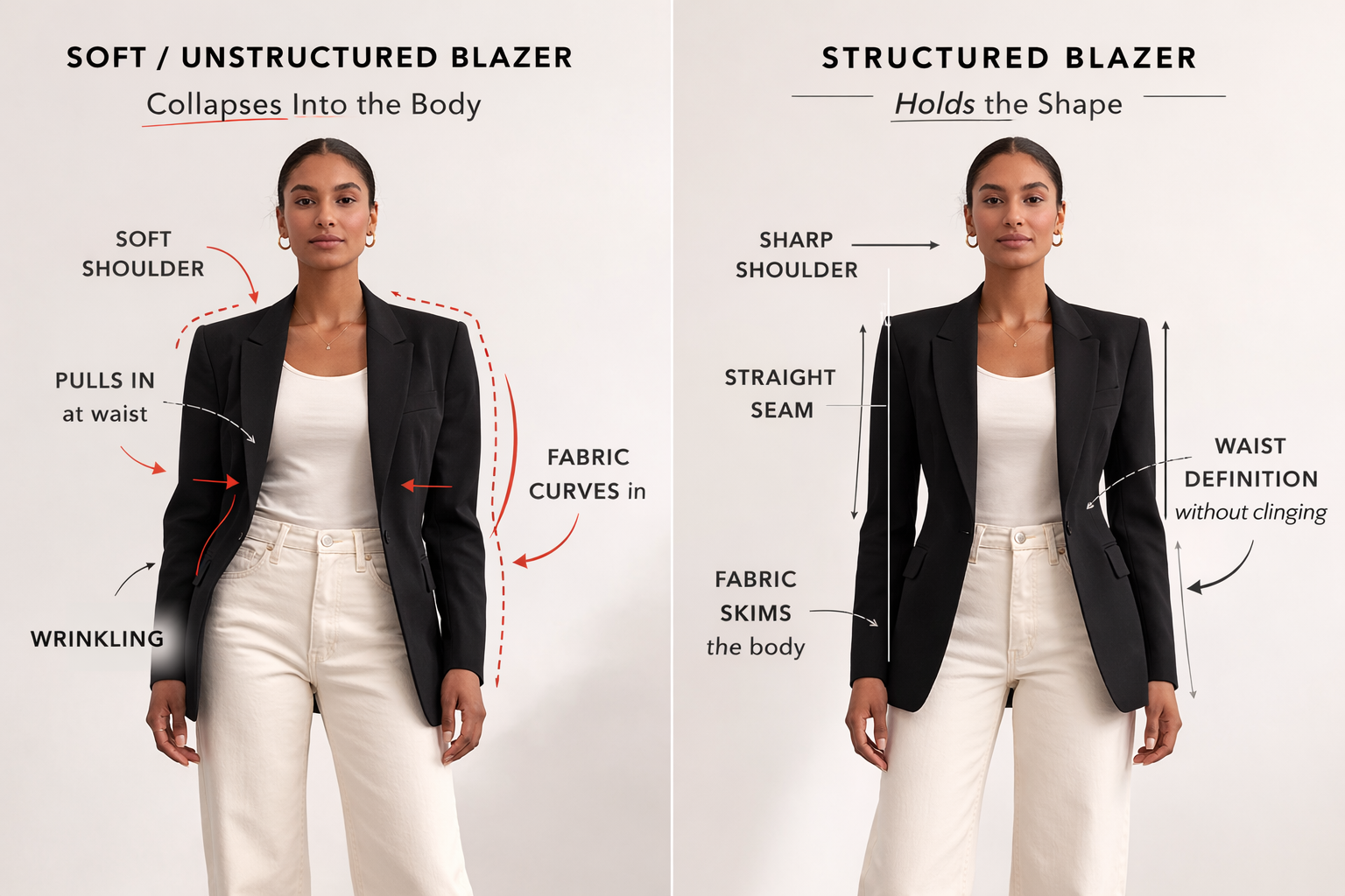 Side-by-side comparison of a soft unstructured blazer collapsing at the shoulders and waist versus a structured blazer holding a clean, defined silhouette.