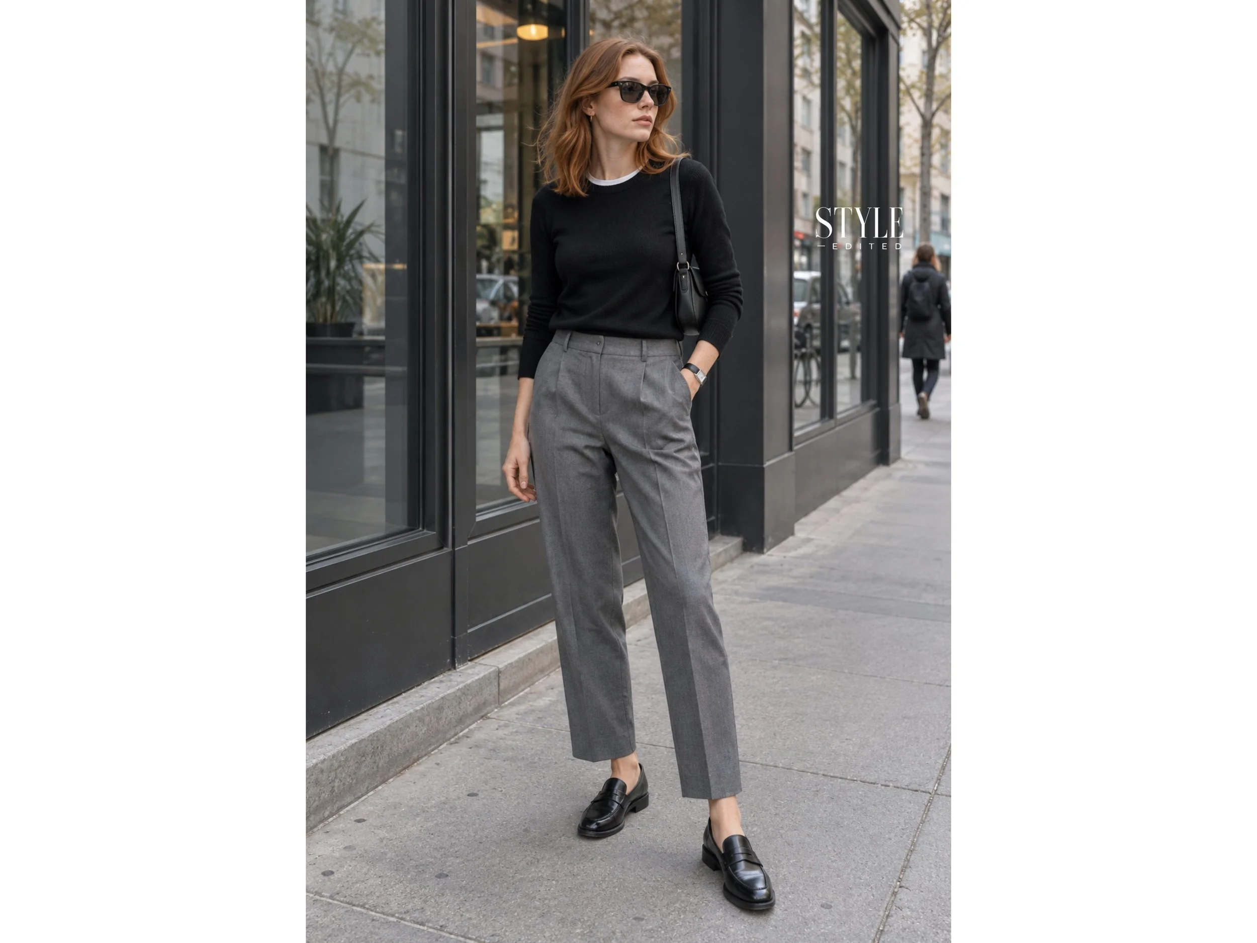 Woman in gray tailored trousers and loafers styled in a modern, understated street look.