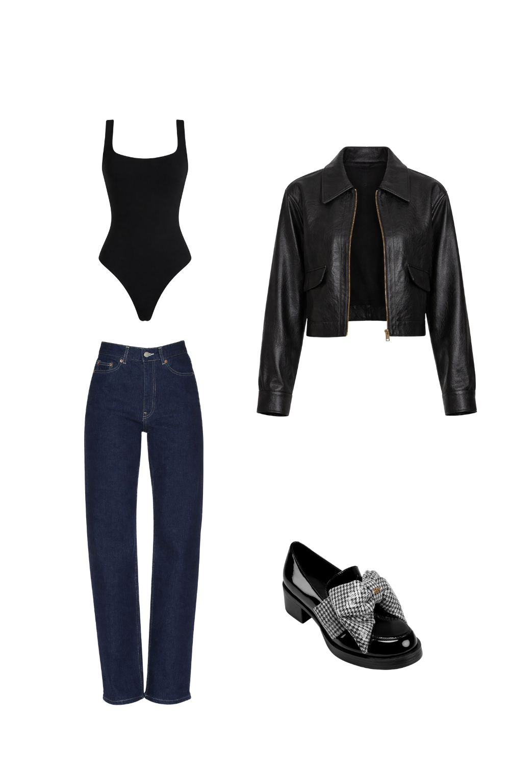 Black bodysuit and dark straight-leg jeans styled with a cropped leather jacket and statement loafers for an elevated weekend look.