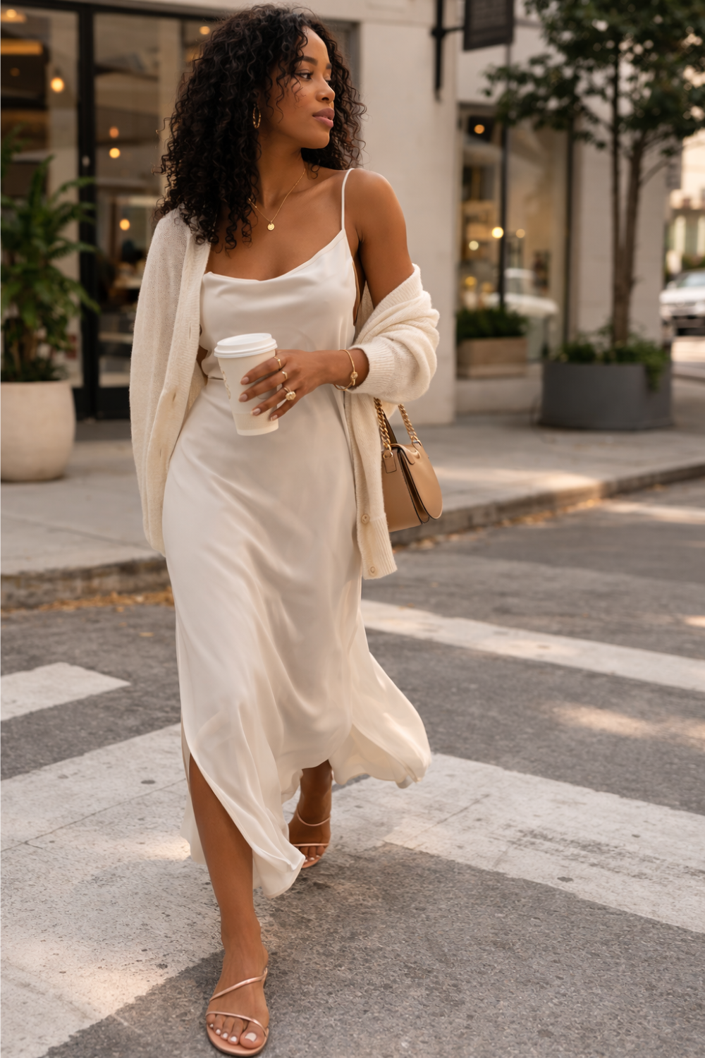 spring outfit ideas for women with satin slip dress layered with lightweight cardigan and minimalist sandals