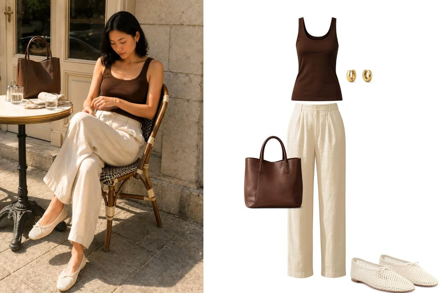 Woman sitting at an outdoor café wearing cream linen trousers, a chocolate brown ribbed tank top, white mesh ballet flats, and carrying a structured brown leather tote.