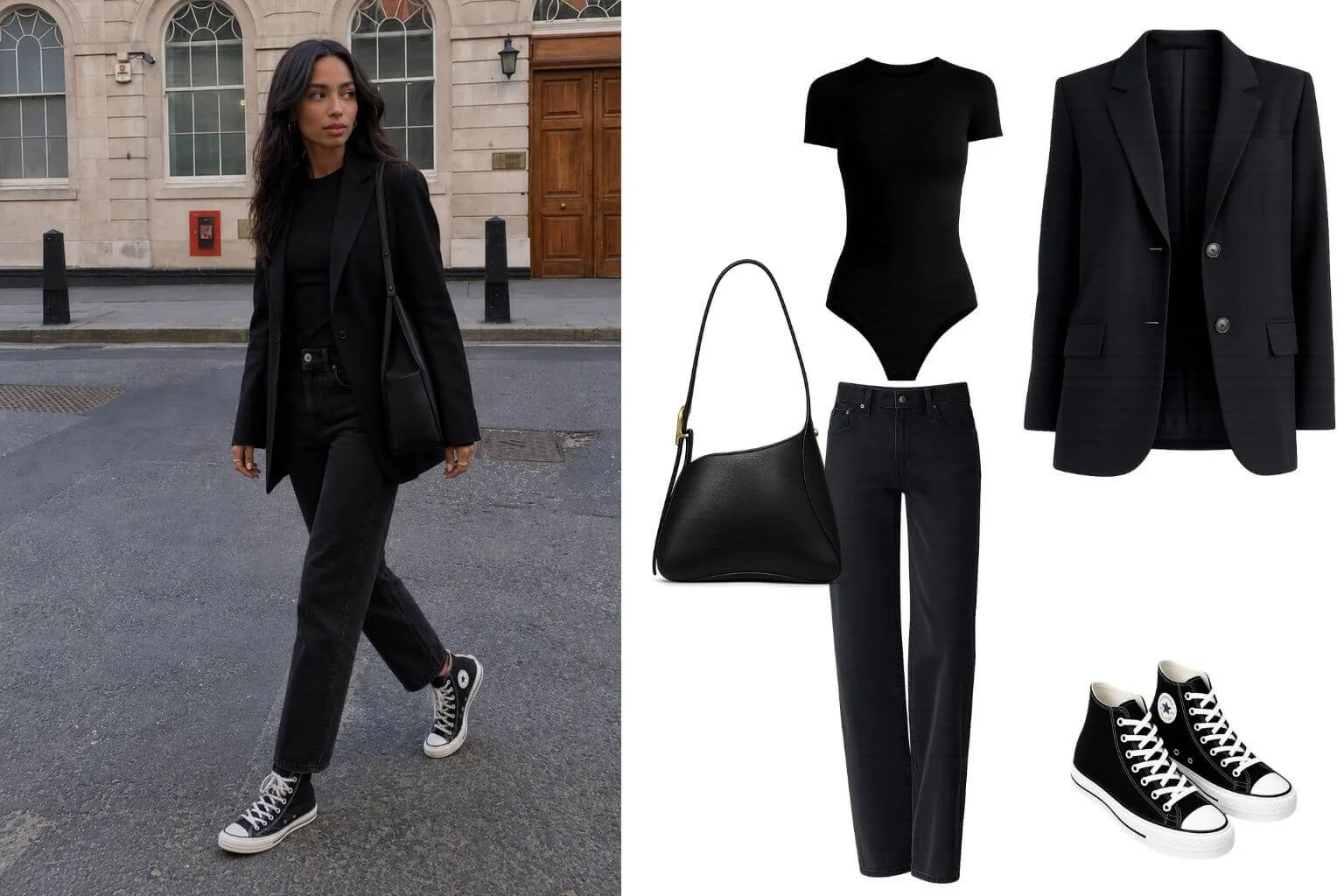 Woman wearing a black blazer, black jeans, black fitted top, and black Converse sneakers in a monochrome minimalist outfit.