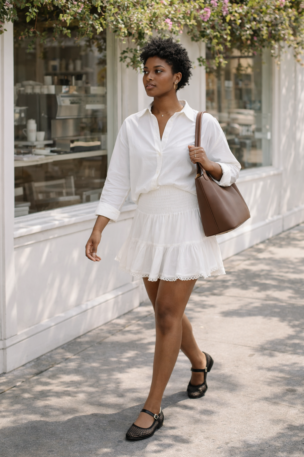 minimalist spring outfit tan shirt white mini skirt casual chic spring outfit 2025 women