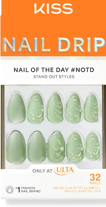 KISS Nail Drip 3D press-on nails in soft green with raised texture detail
