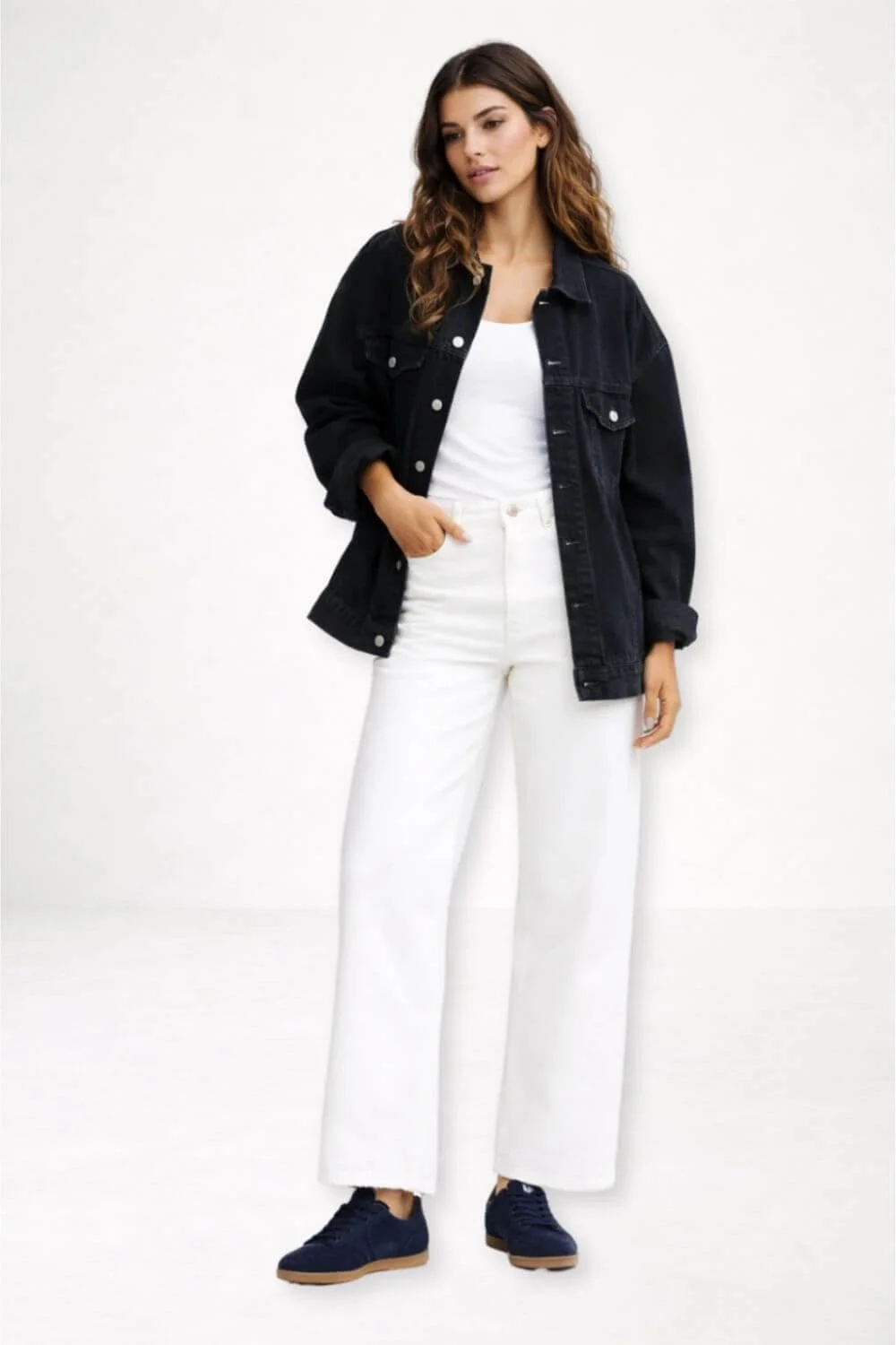black jacket with white wide leg jeans outfit
