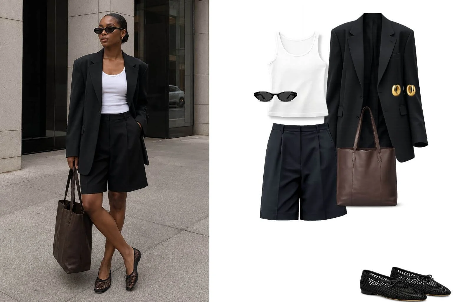 Woman wearing relaxed black shorts, an oversized black blazer, white tank top, and black mesh ballet flats while walking through a minimalist city street with a dark brown tote bag.