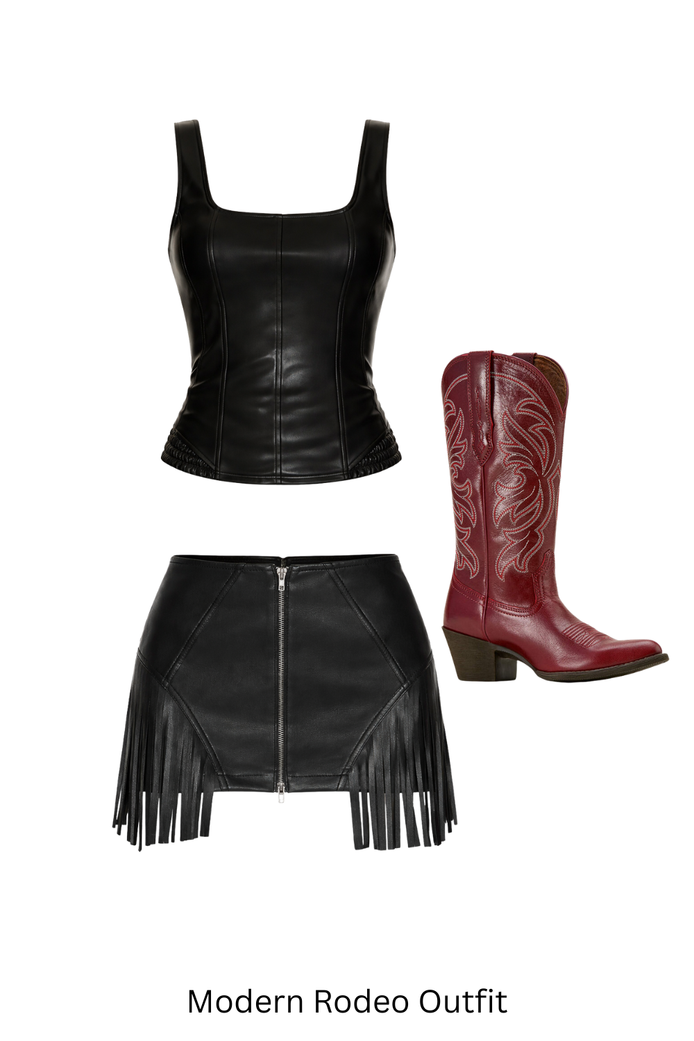 Modern rodeo outfit with dark wash flare jeans, fitted black tank top and pointed toe cowboy boots.