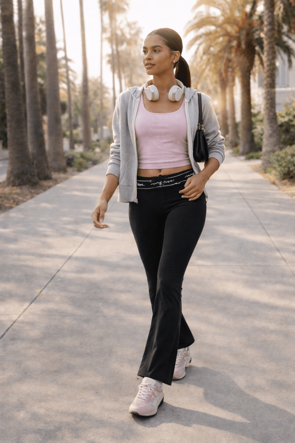 Y2K flare leggings outfit with soft pink baby tee, black fold-over flare leggings, Puma sneakers, zip hoodie, and mini shoulder bag styled on a palm-lined sidewalk