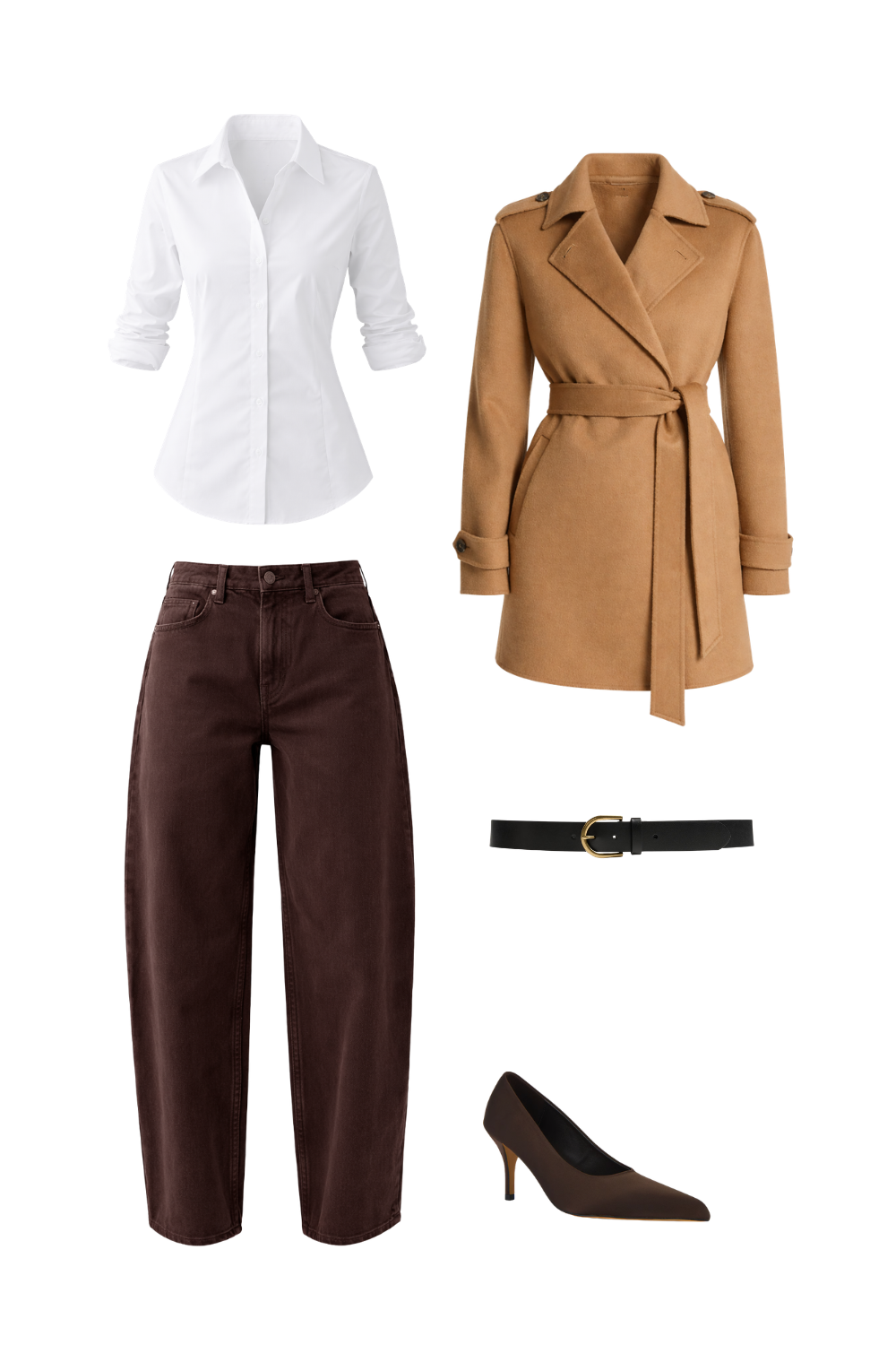 How to style jeans in chocolate brown wide leg denim with white button-down shirt, camel coat, belt and brown heels.