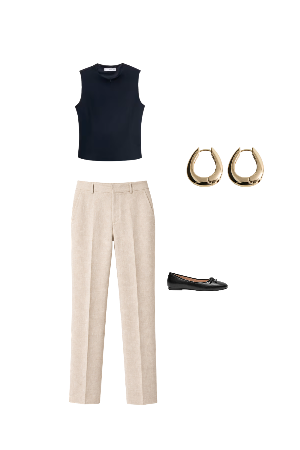 Black ballet flats styled with beige linen trousers, navy sleeveless top, and gold hoop earrings for a structured warm-weather look.