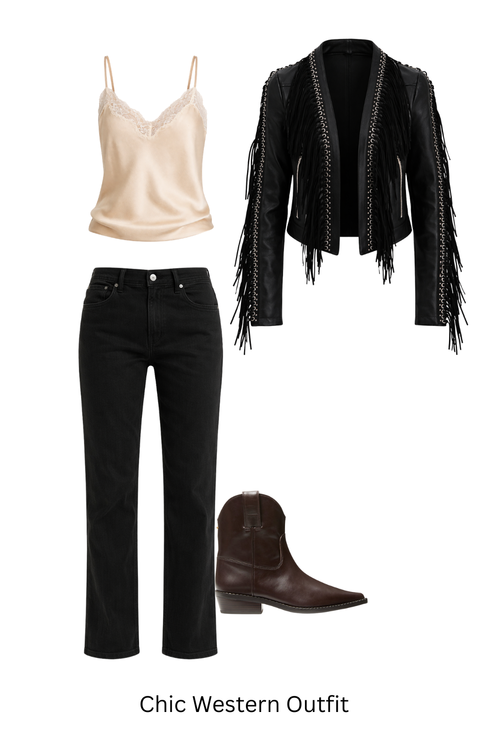 Chic western outfit with black denim, silk cami and cowboy boots.