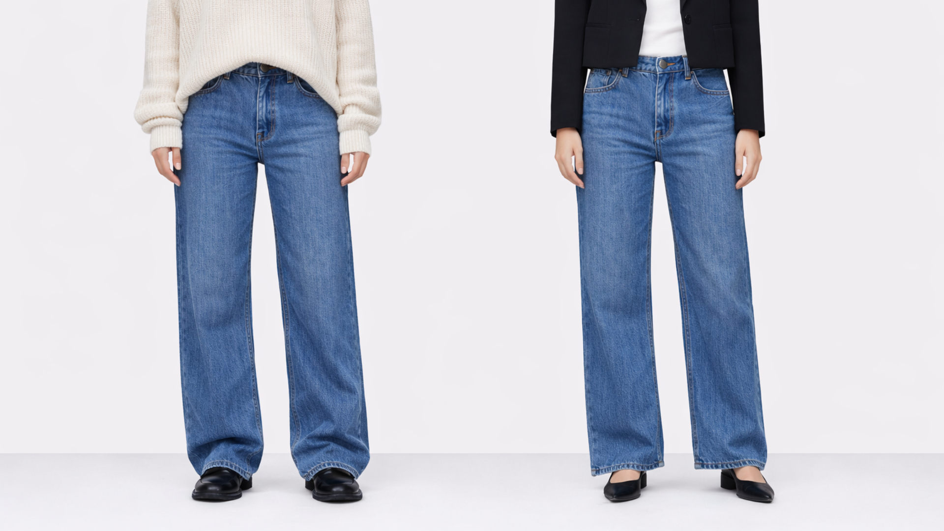 Comparison of wide leg jeans styled with oversized sweater and chunky shoes versus tucked top and structured layer to show balanced volume.