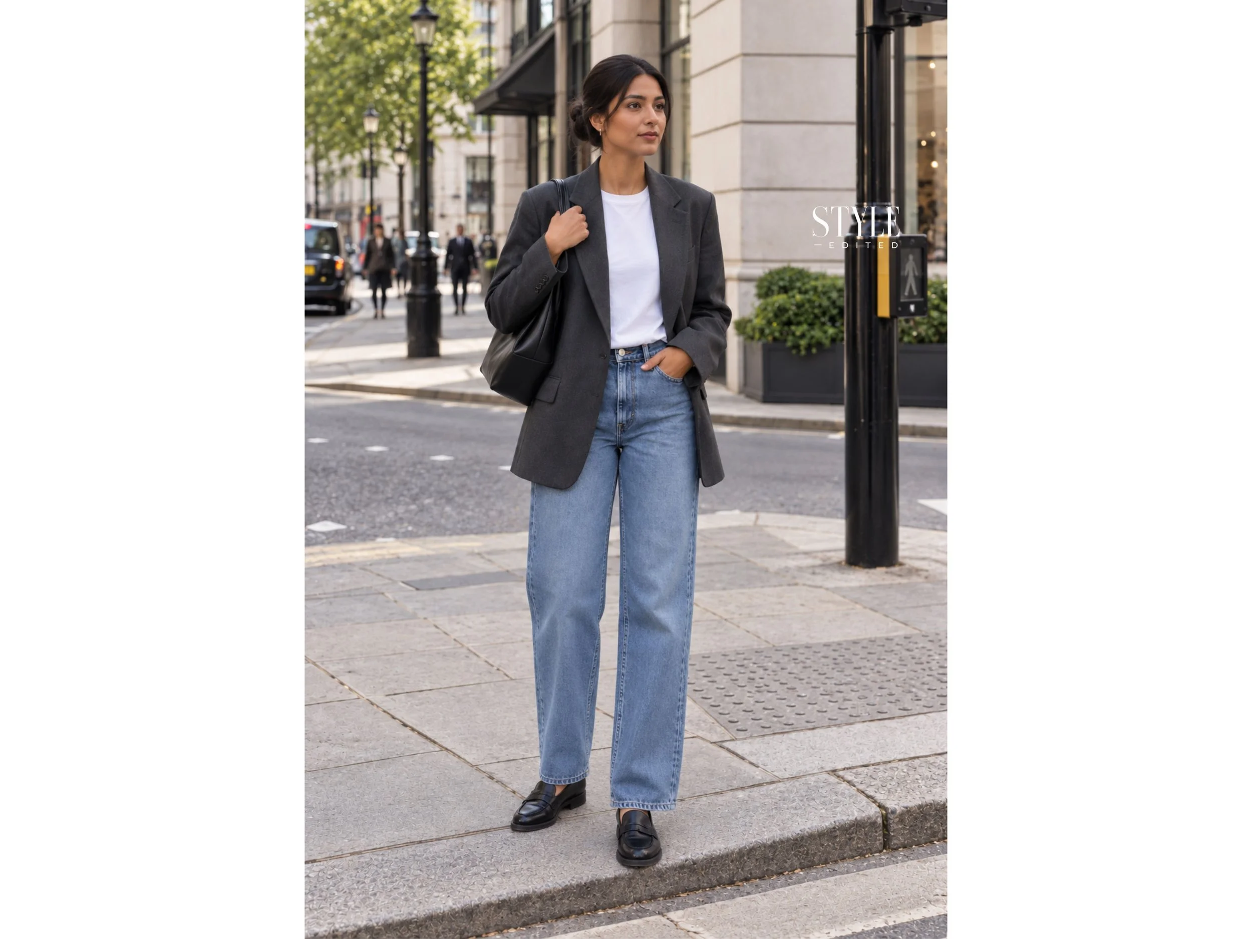Woman in an oversized blazer and relaxed trousers walking on a pale stone sidewalk in loafers.