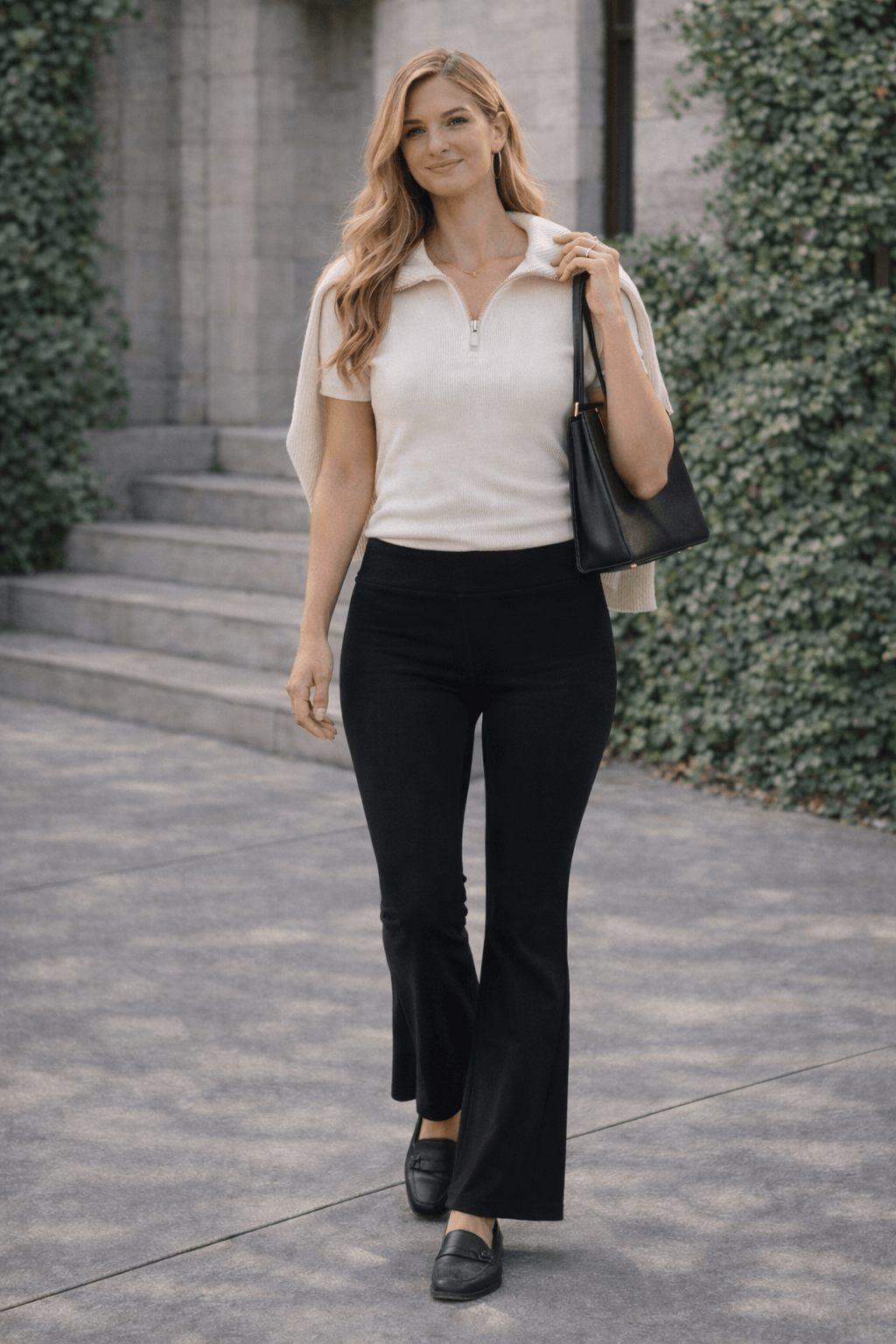 Preppy-inspired flare leggings outfit with black flare leggings, cream tee, half-zip sweater draped over shoulders, leather loafers, and structured tote on an ivy-lined walkway