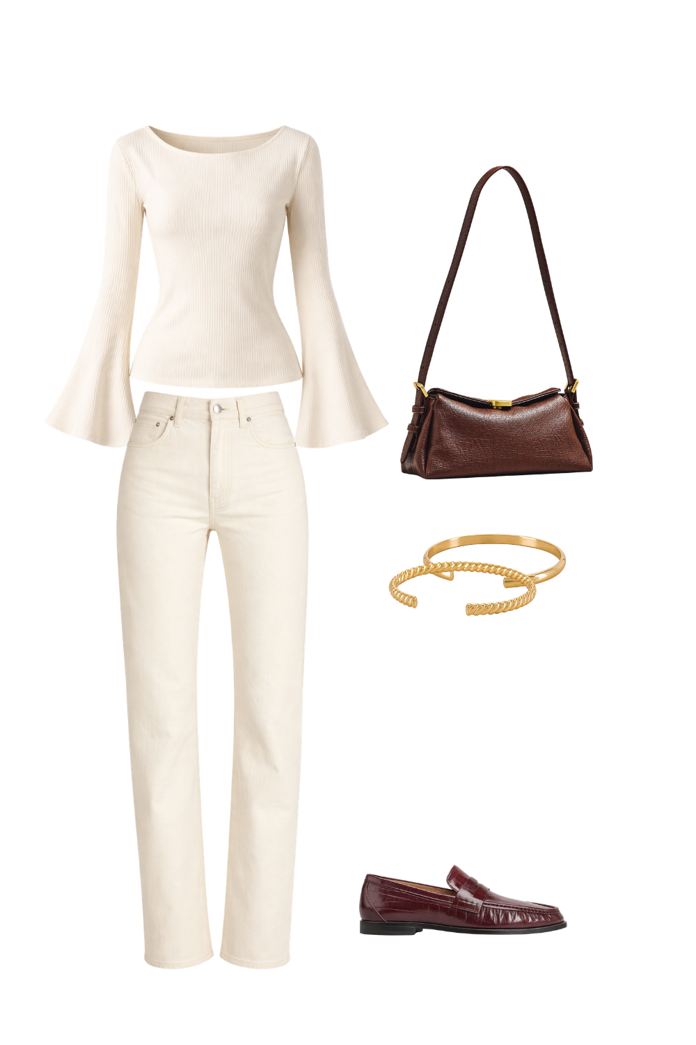 How to style jeans in cream straight leg denim with ribbed knit top, brown shoulder bag and minimal white sneakers.