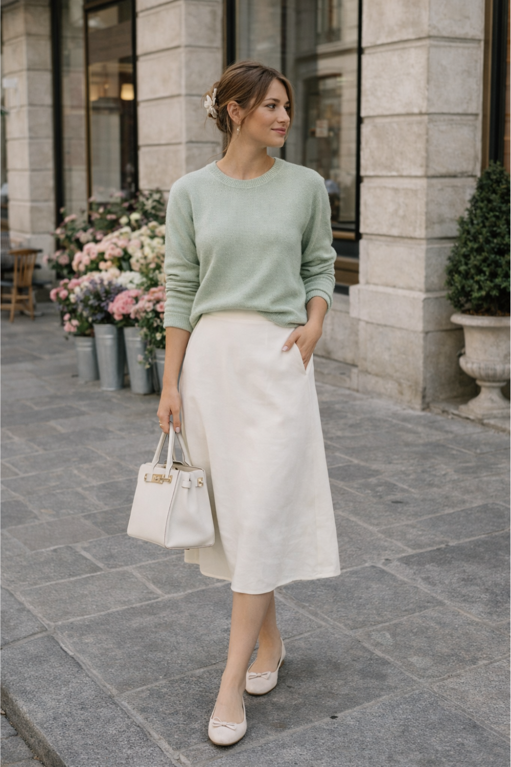 spring outfit featuring light green sweater paired with cream midi skirt and ballet flats
