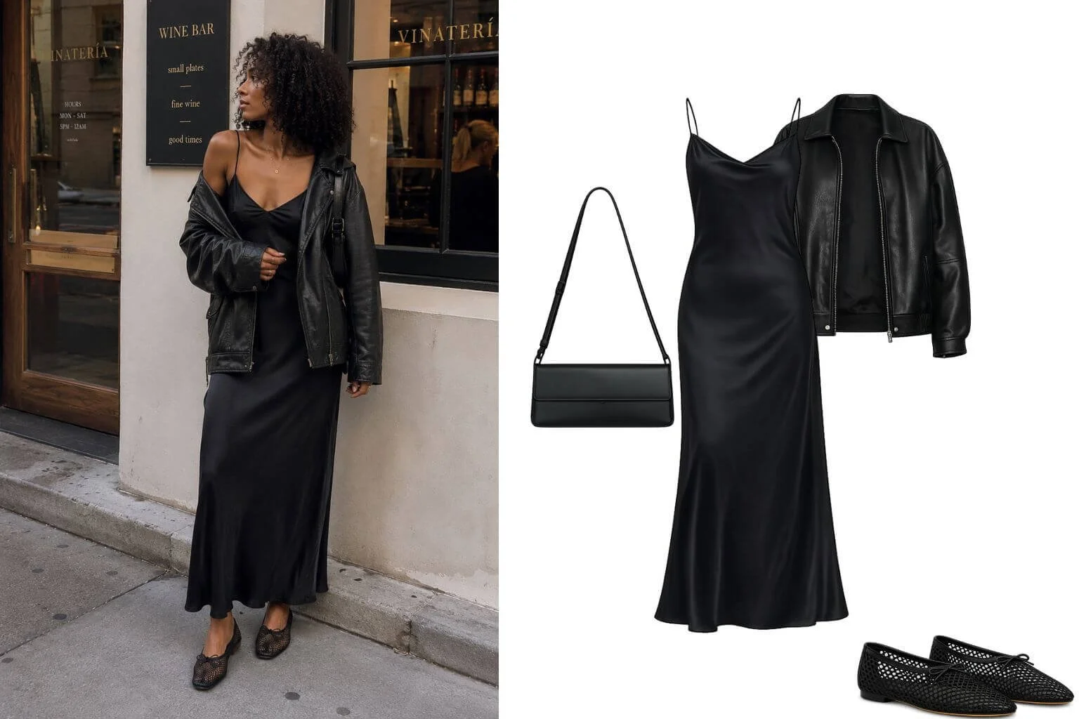 Woman wearing a black satin slip dress, oversized leather jacket, and black mesh ballet flats standing outside a wine bar at night with a sleek shoulder bag.