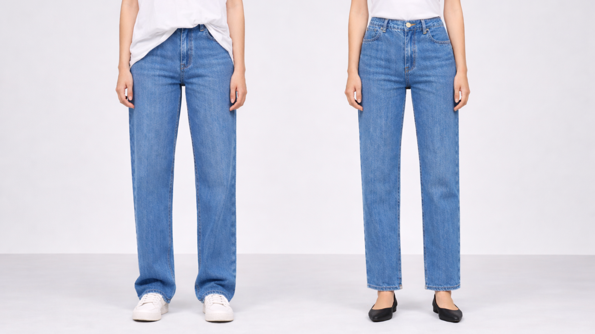 Comparison of straight leg jeans styled with oversized tee and sneakers versus defined waist and pointed shoes to show relaxed versus controlled proportion.