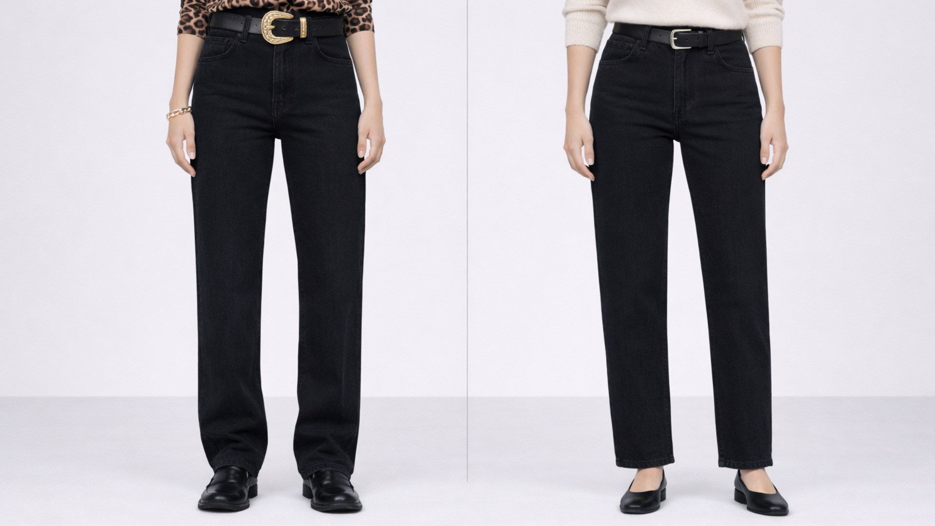 Side-by-side styling of black jeans showing over-accessorized look versus restrained outfit with texture contrast for a polished silhouette.