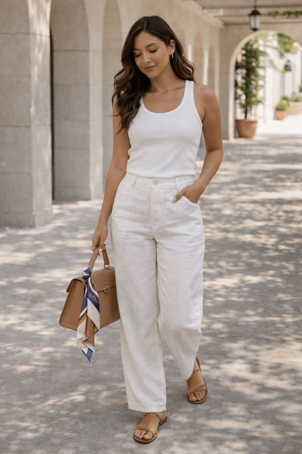 silk scarf tied to handbag handle with neutral summer outfit