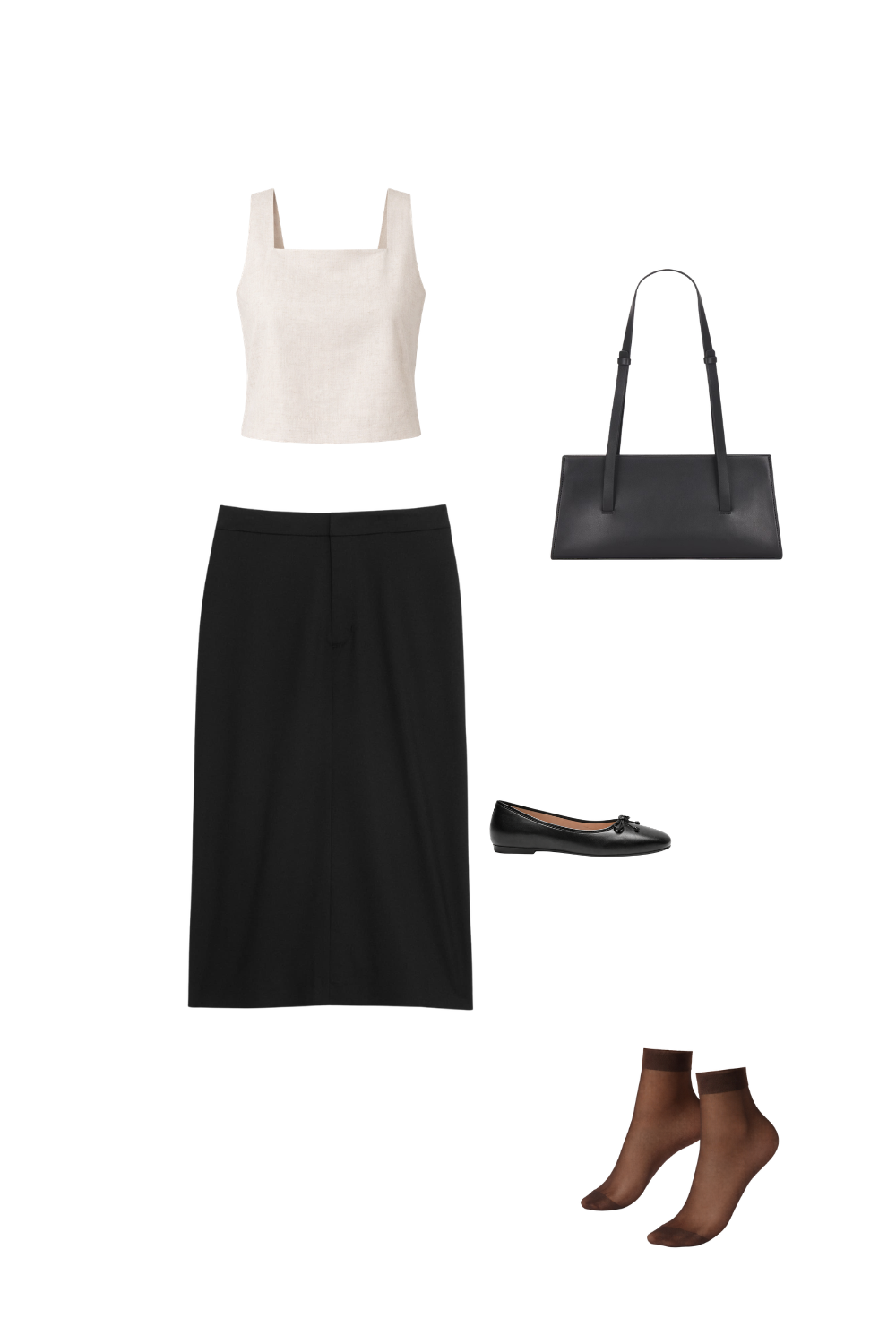 Black ballet flats paired with black midi skirt, beige structured top, and sheer ankle socks for intentional contrast styling.
