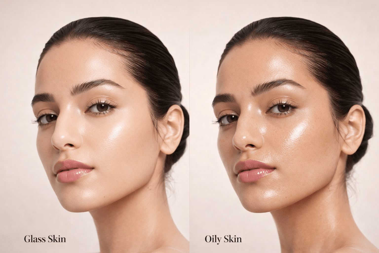 Split-screen beauty comparison showing the same woman with smooth hydrated glass skin on the left and shiny uneven oily skin on the right, highlighting how light reflects differently across the face.