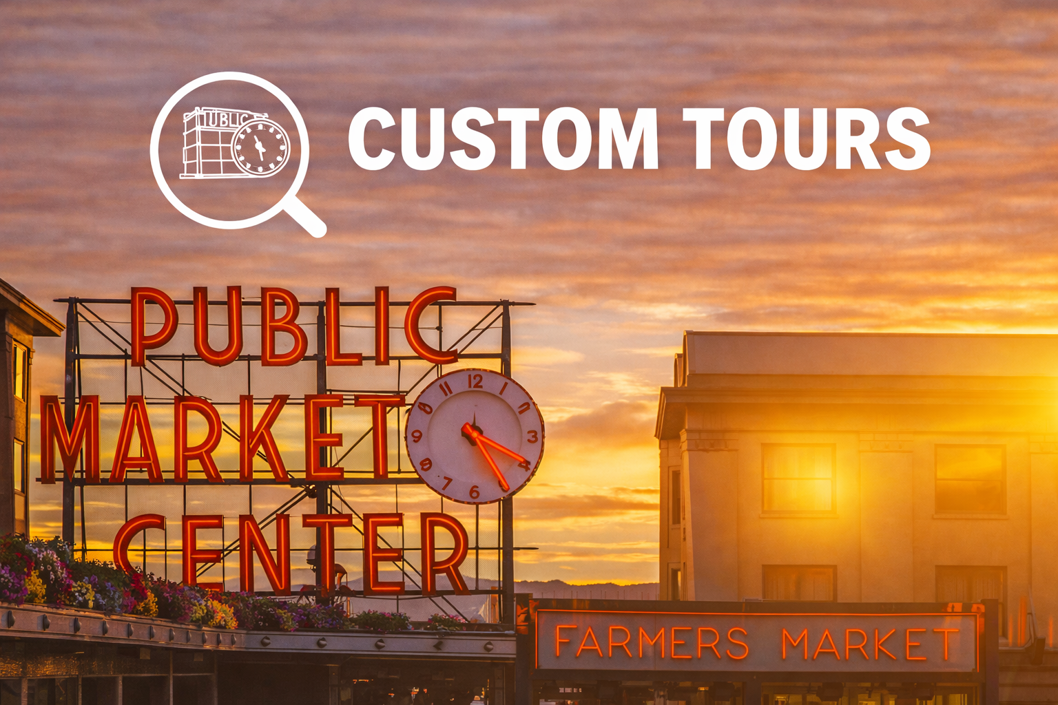 Sunset sky over a public market with neon signs reading 'Public Market Center' and 'Farmers Market' on buildings, and a clock showing 3:20.
