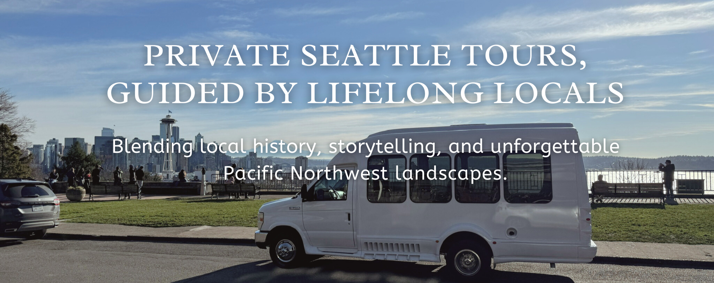 A promotional image showcasing a guided tour vehicle with the Seattle skyline and waterfront in the background, featuring the Space Needle and a group of people walking near the water.