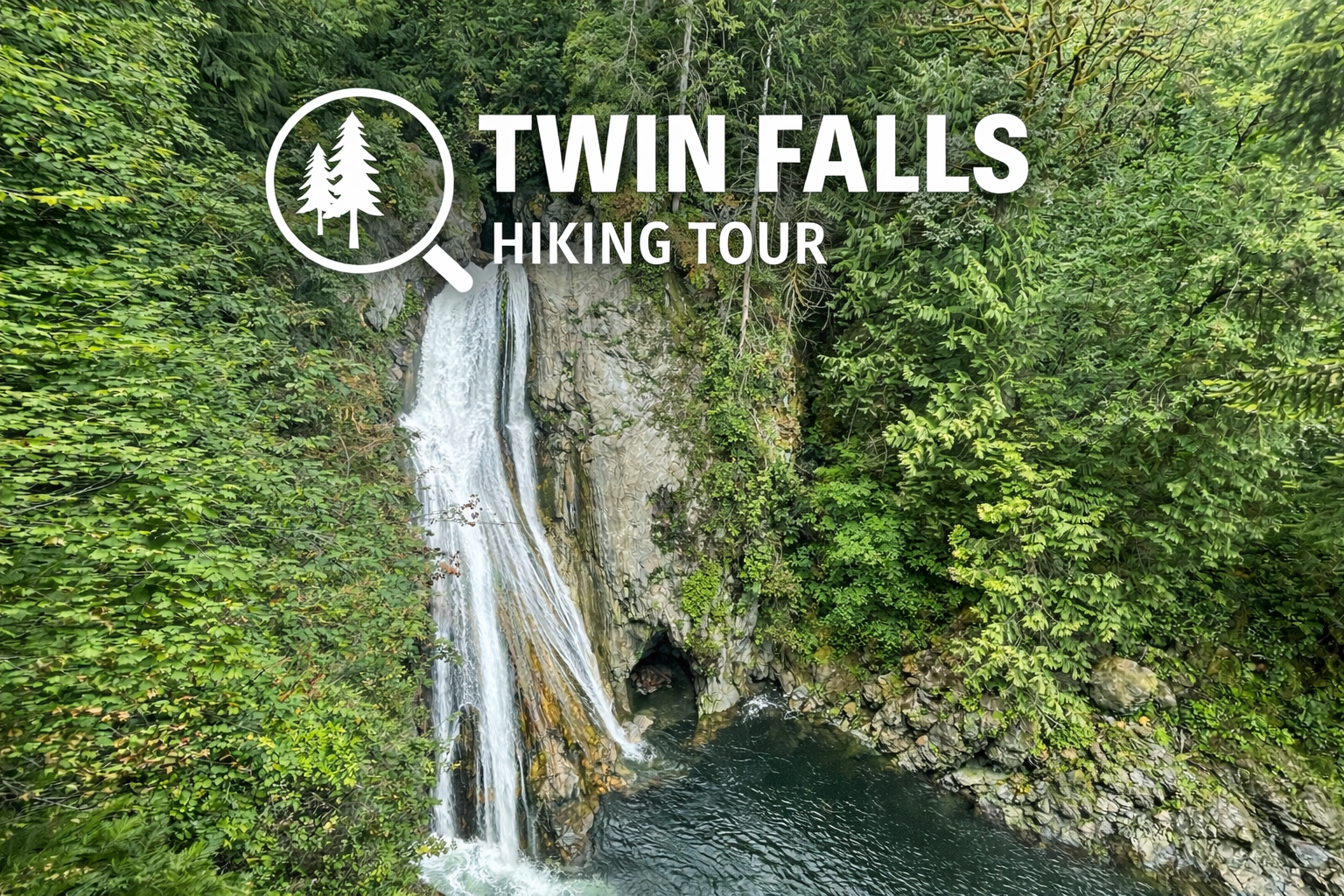 A waterfall in a lush green forest, with the text 'Twin Falls Hiking Tour' and a magnifying glass icon with trees on it.