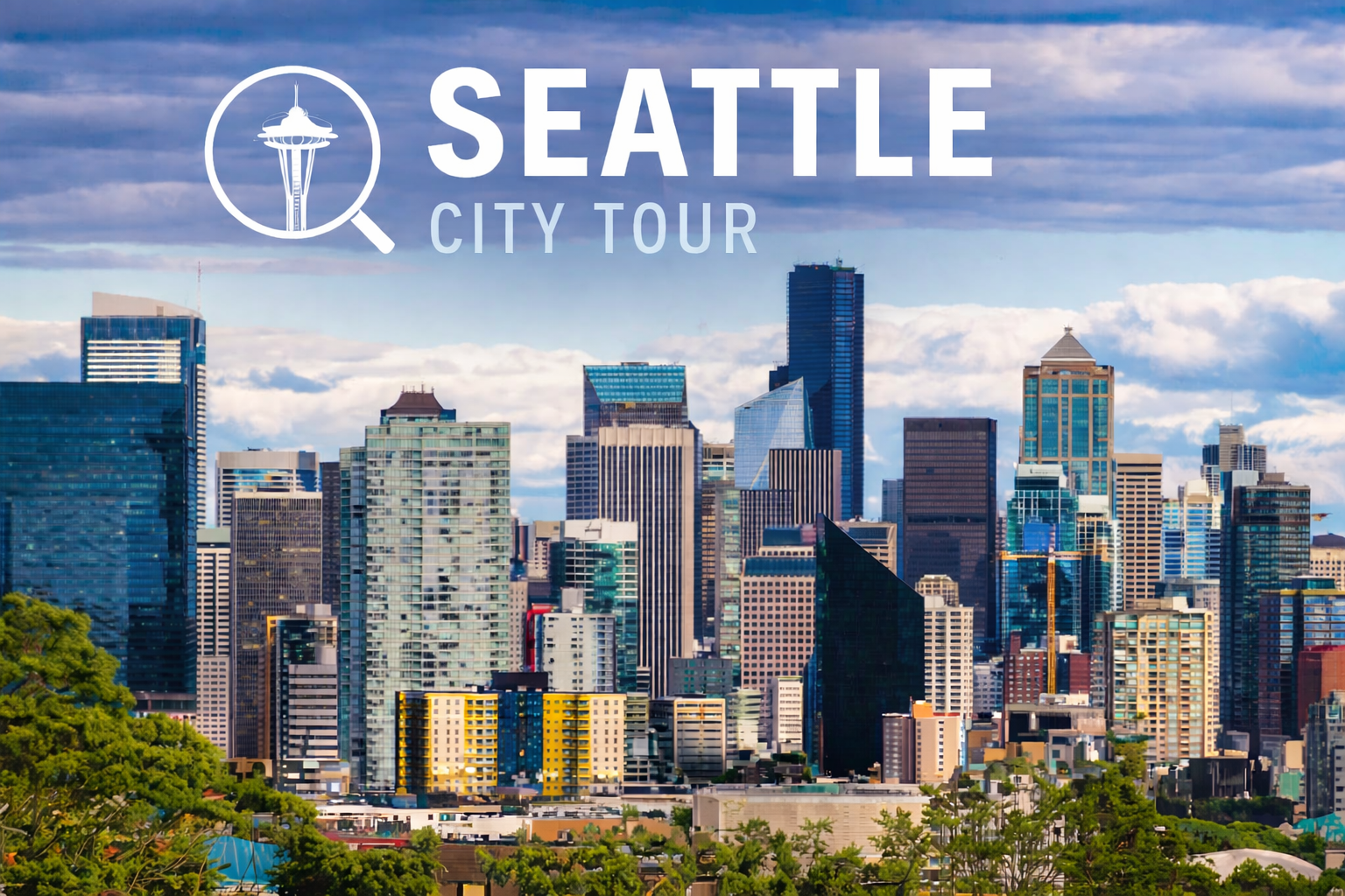 Skyline of Seattle with various tall buildings under a partly cloudy sky, with the Space Needle icon and text overlay for 'Seattle City Tour'.