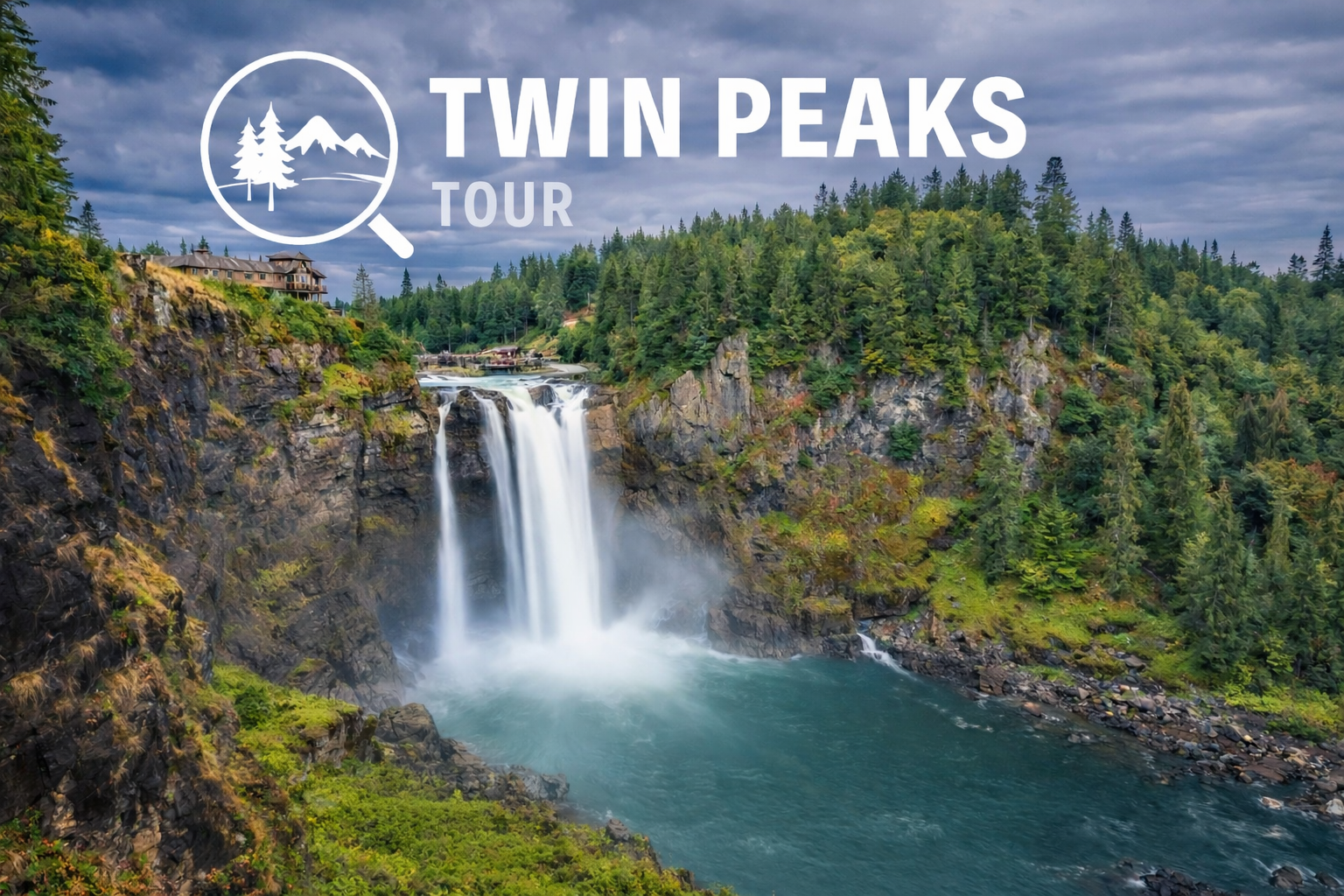 Scenic view of a waterfall surrounded by lush greenery and trees with a cloudy sky overhead, and a house on top of a rocky cliff. Overlay text reads 'Twin Peaks Tour' with a magnifying glass icon containing trees and mountains.