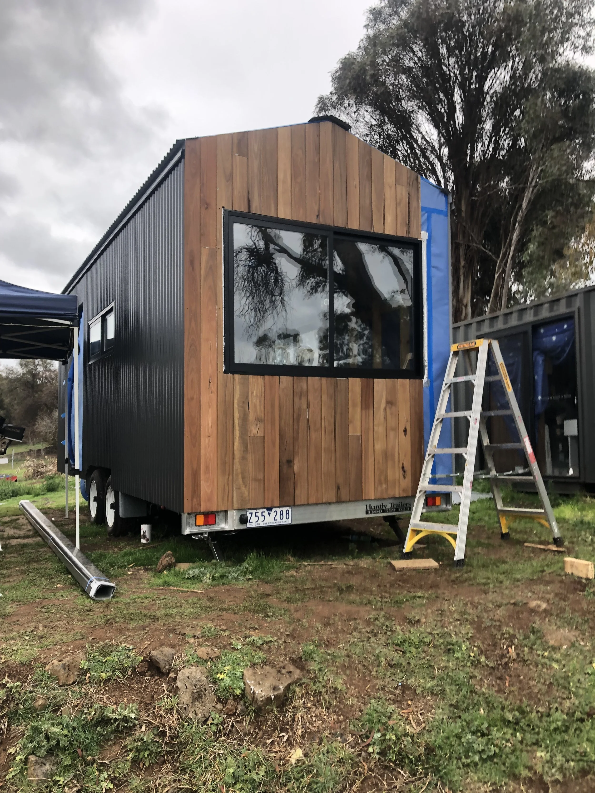 A tiny house on wheels with black and wood siding, a large front window, and a ladder nearby, set outdoors on a grassy area with trees in the background.
