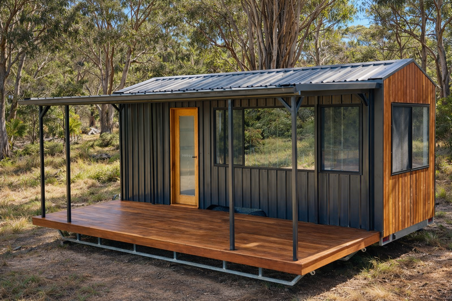 Small modern tiny house with a wooden porch, metal siding, and large windows, located in a wooded area.