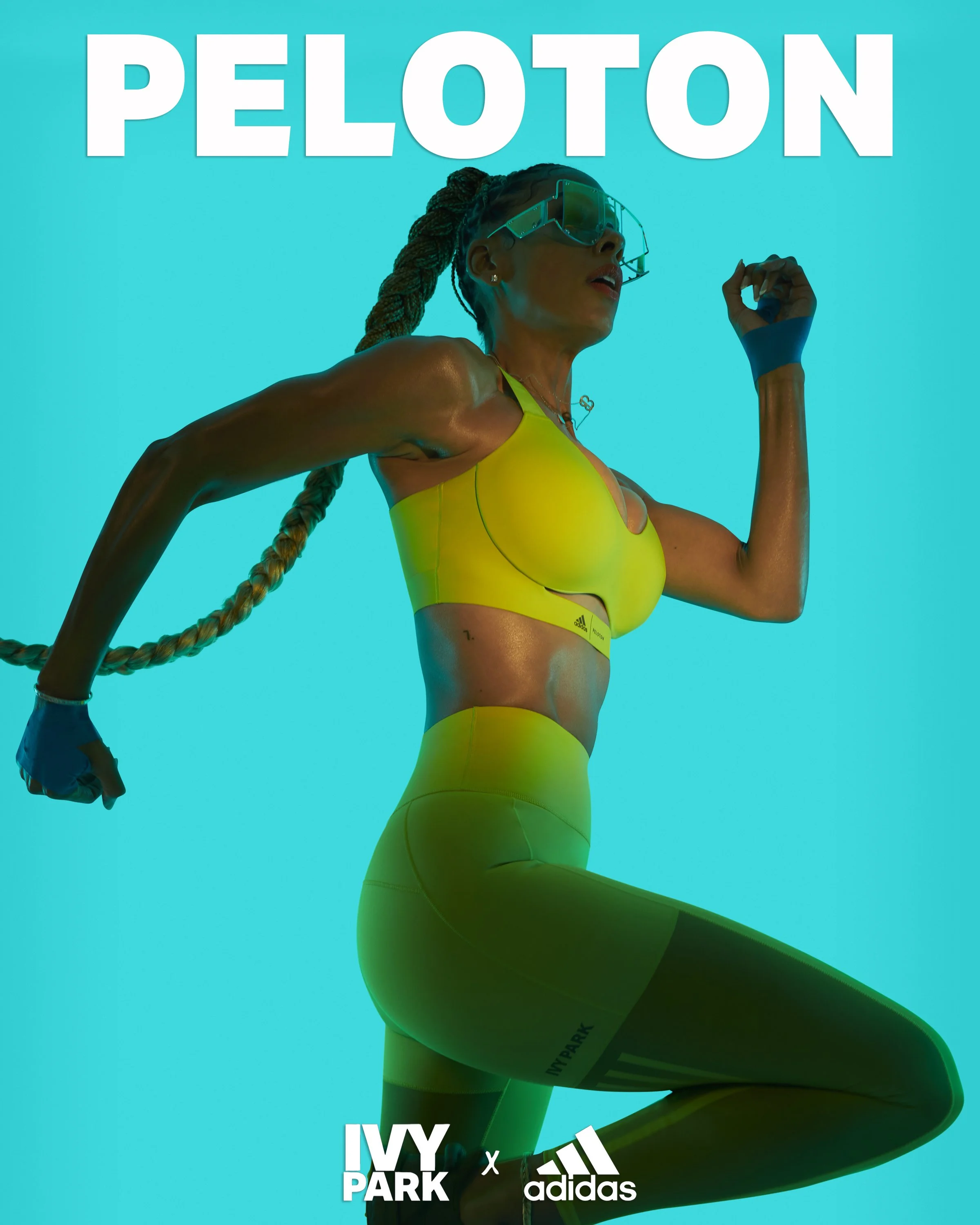 A woman running in athletic gear, wearing a bright yellow sports bra and leggings, with a long braided ponytail and sunglasses, against a blue background with the text 'Peloton' at the top and the logos 'Ivy Park' and 'Adidas' at the bottom.