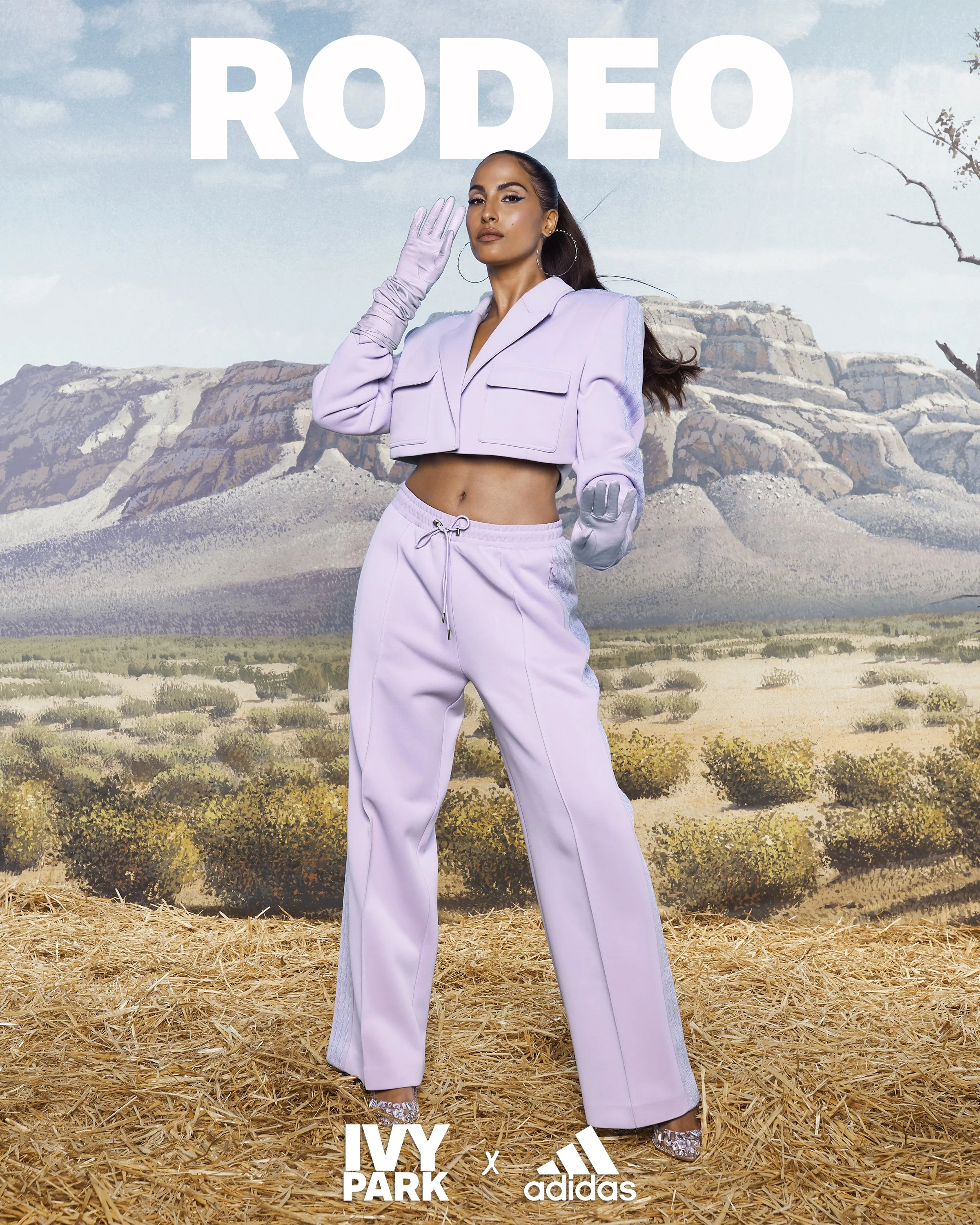 A woman in a lavender cowboy outfit posing in a desert landscape with mountains in the background, with the word 'RODEO' in large white letters at the top. Branding for Ivy Park and Adidas at the bottom.