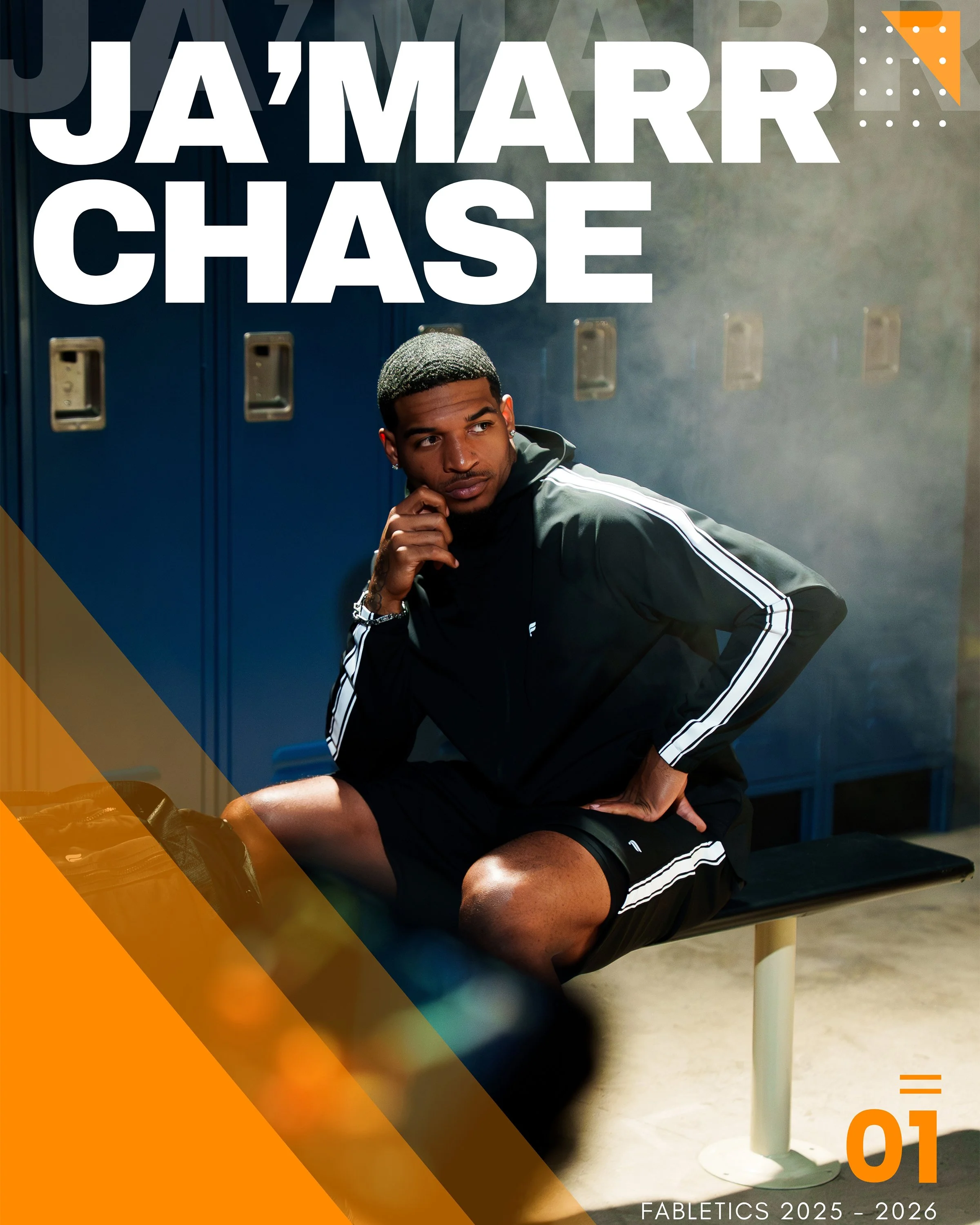 NFL player Ja'Marr Chases sitting on a bench in a locker room, dressed in athletic wear, with lockers behind him, looking contemplative.