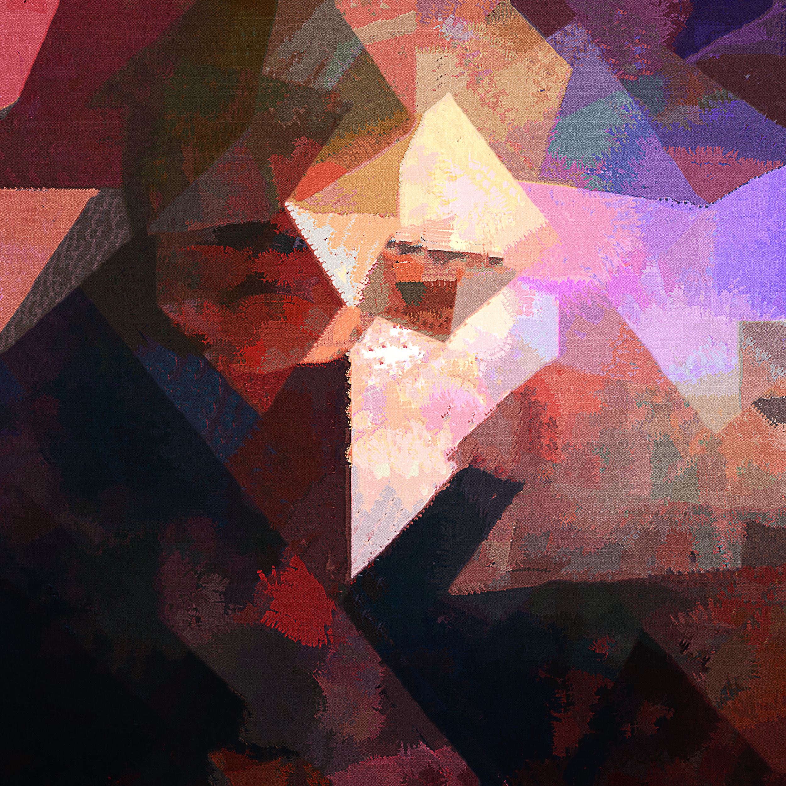 Abstract digital art with geometric shapes and a colorful palette of reds, pinks, purples, and blacks.