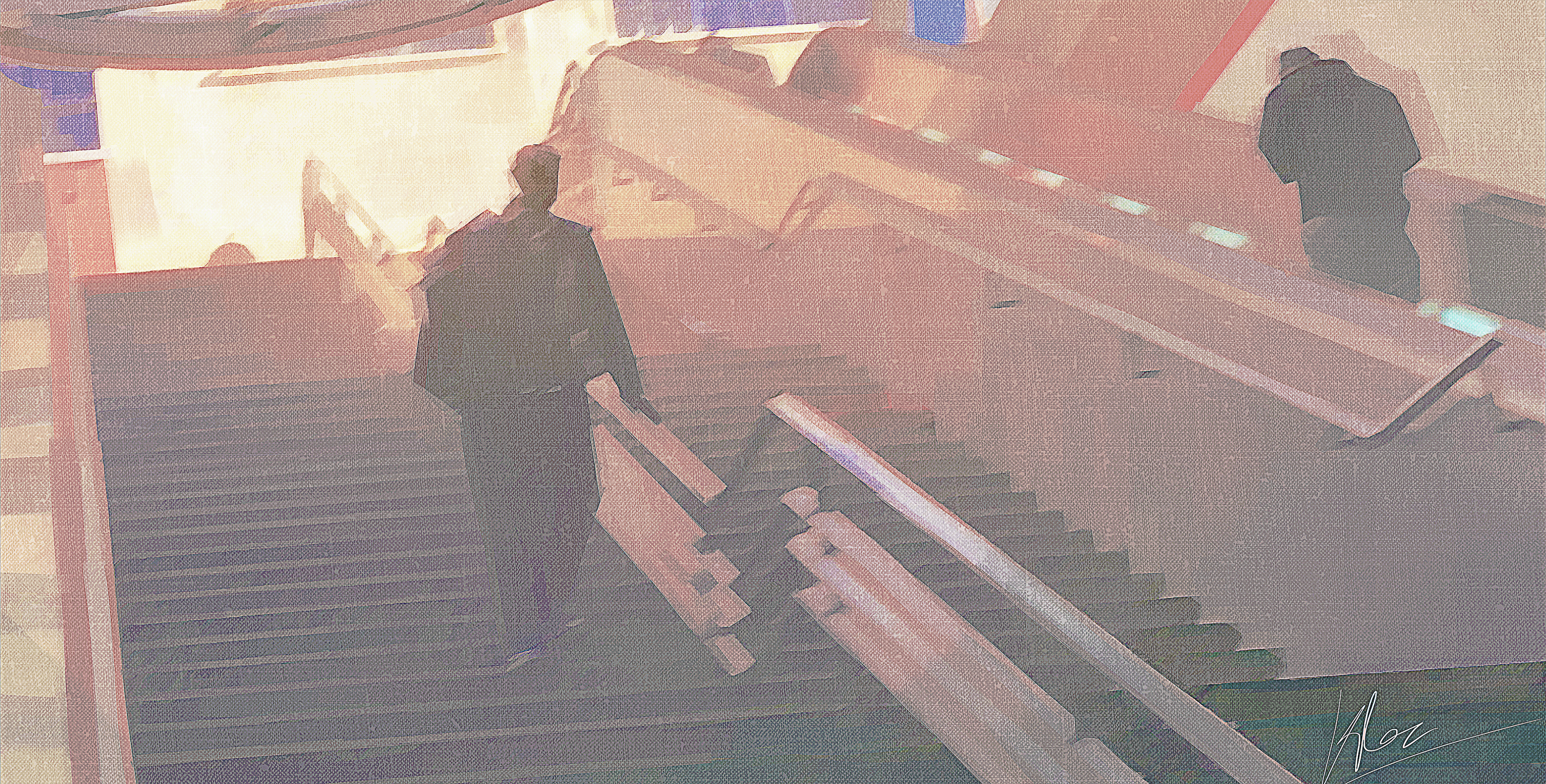 Two people walking on a staircase with glass railing, one descending and one ascending, in an indoor setting with pinkish lighting.