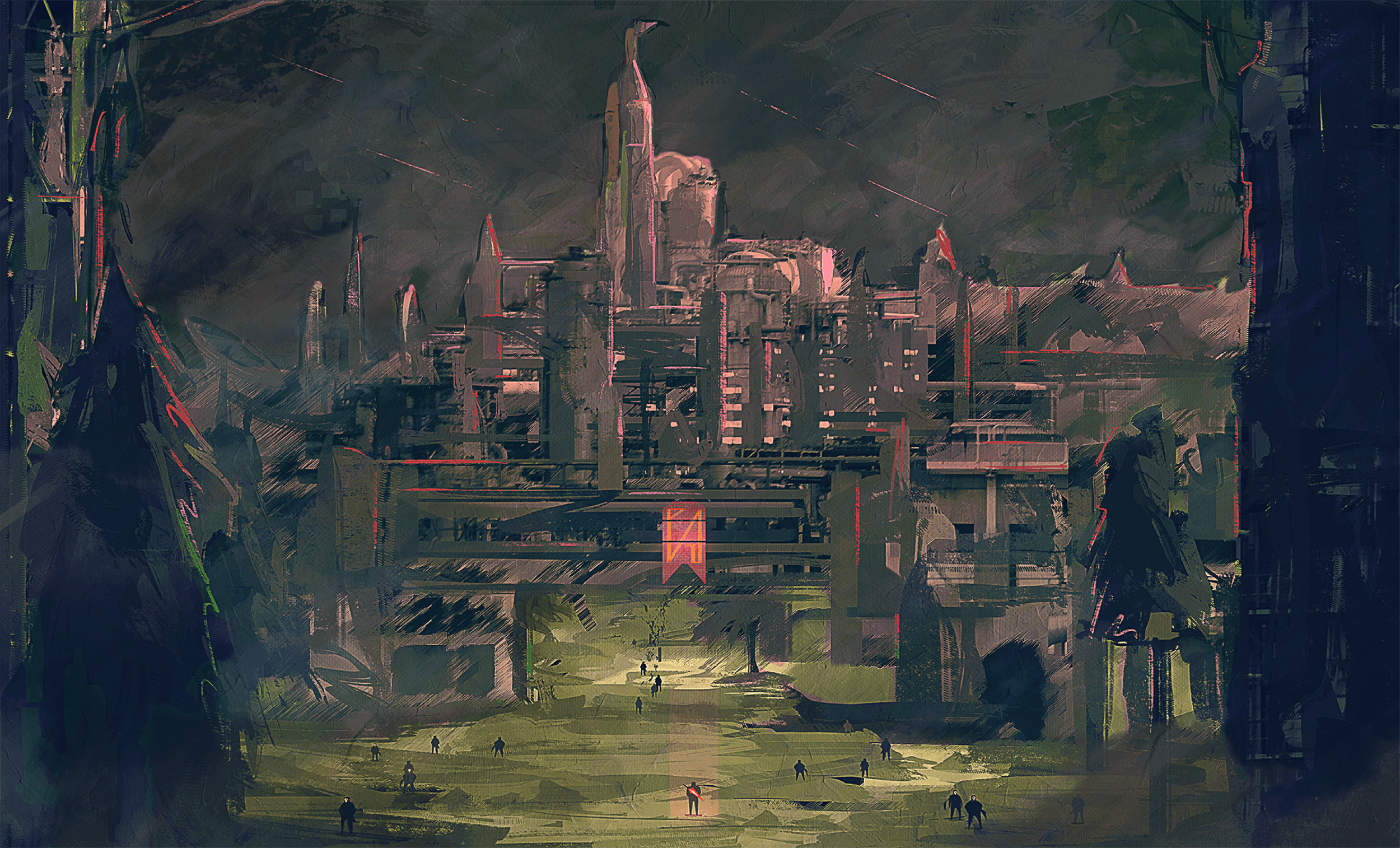Futuristic cityscape with tall skyscrapers, industrial structures, and small human figures in the foreground, under a dark, stormy sky.