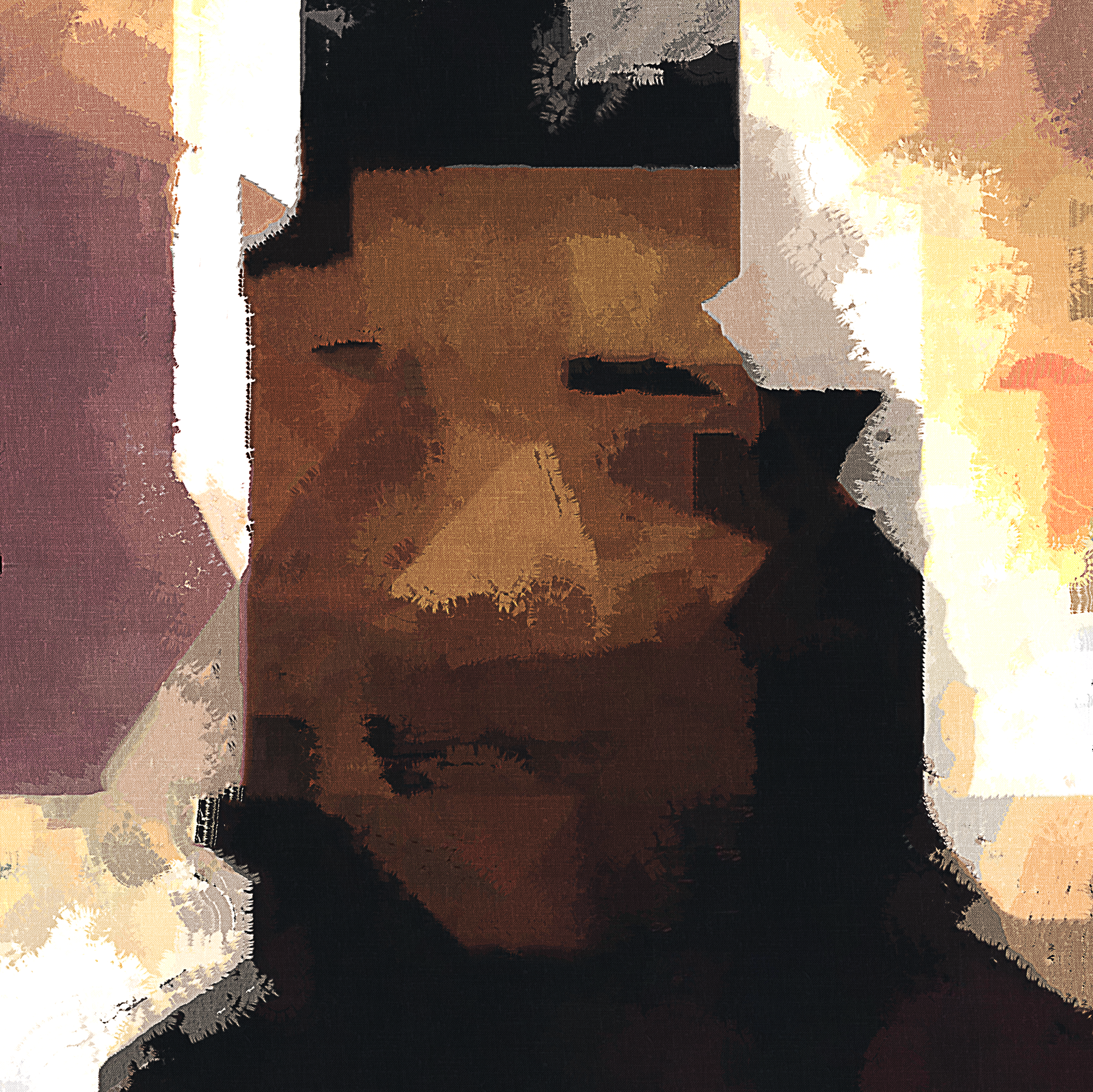 Abstract digital portrait of a person's face with dark hair, created with mosaic pixelation in earthy tones and some bright highlights.