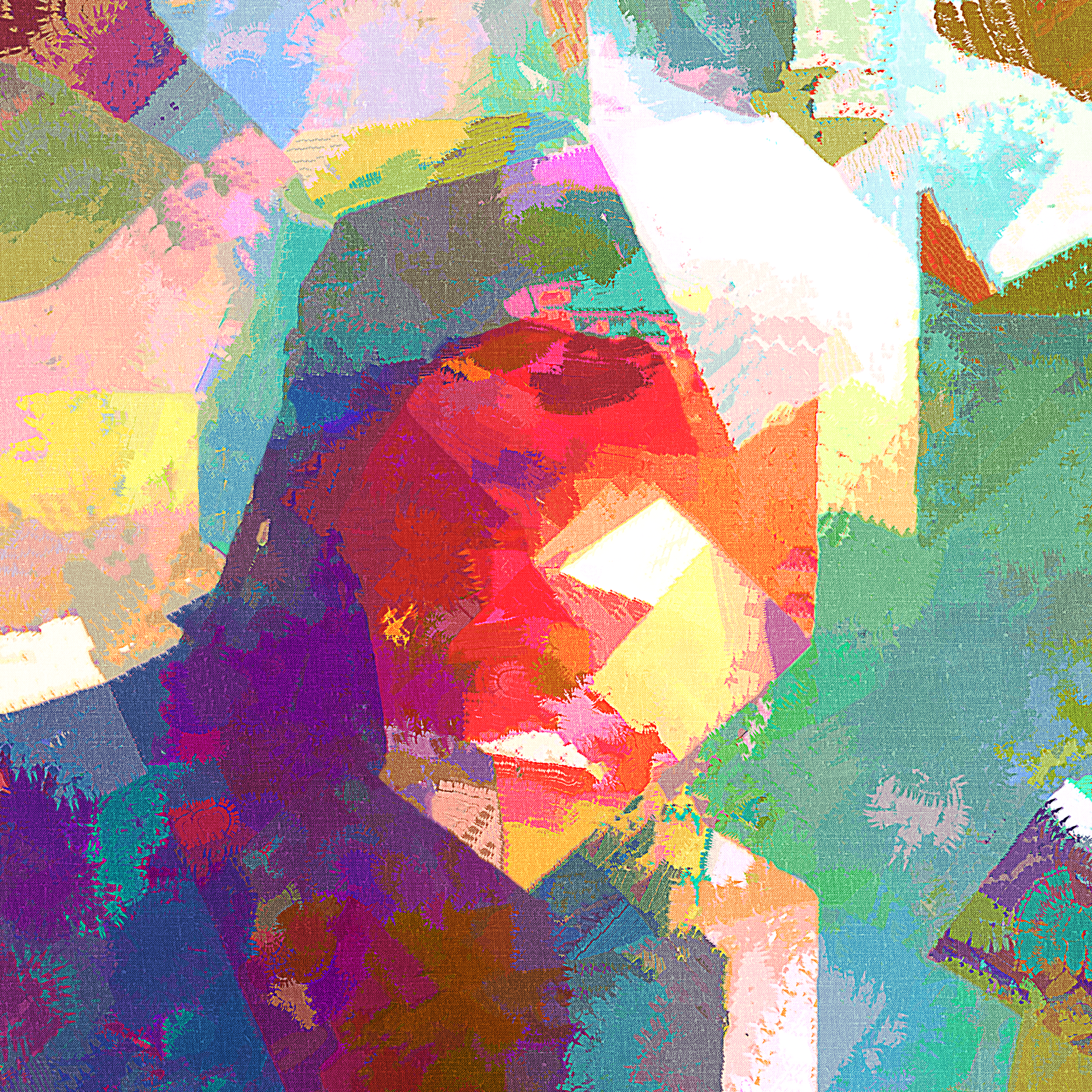 An abstract digital artwork of a person's face, created with vibrant, mosaic-like patches of color including red, pink, purple, green, blue, and yellow.