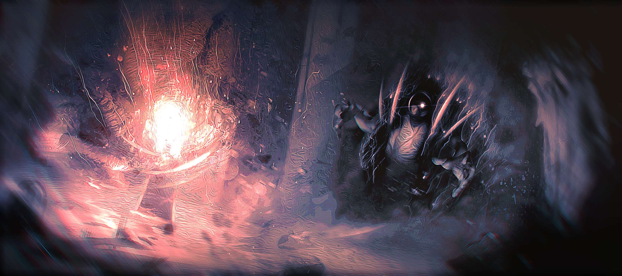 A person wearing a mask and gloves, with their hand outstretched, in a dark, abstract scene with bright, colorful streaks and sparks resembling fireworks or a laser display.