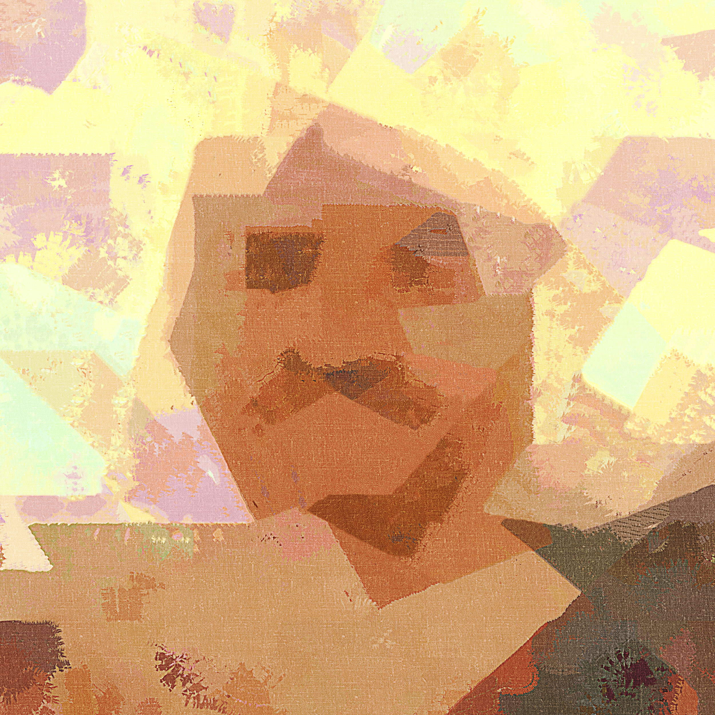 A pixelated and abstract digital artwork featuring geometric shapes and warm colors, with a vague outline of a face at the center.