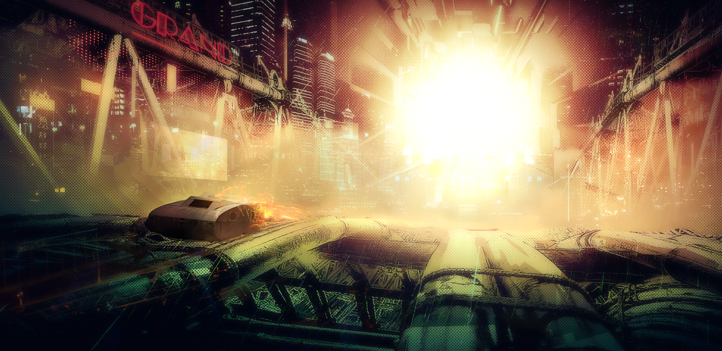 Futuristic city street scene with bright sunlight, skyscrapers, and digital effects, viewed from a vehicle's dashboard with a damaged front.