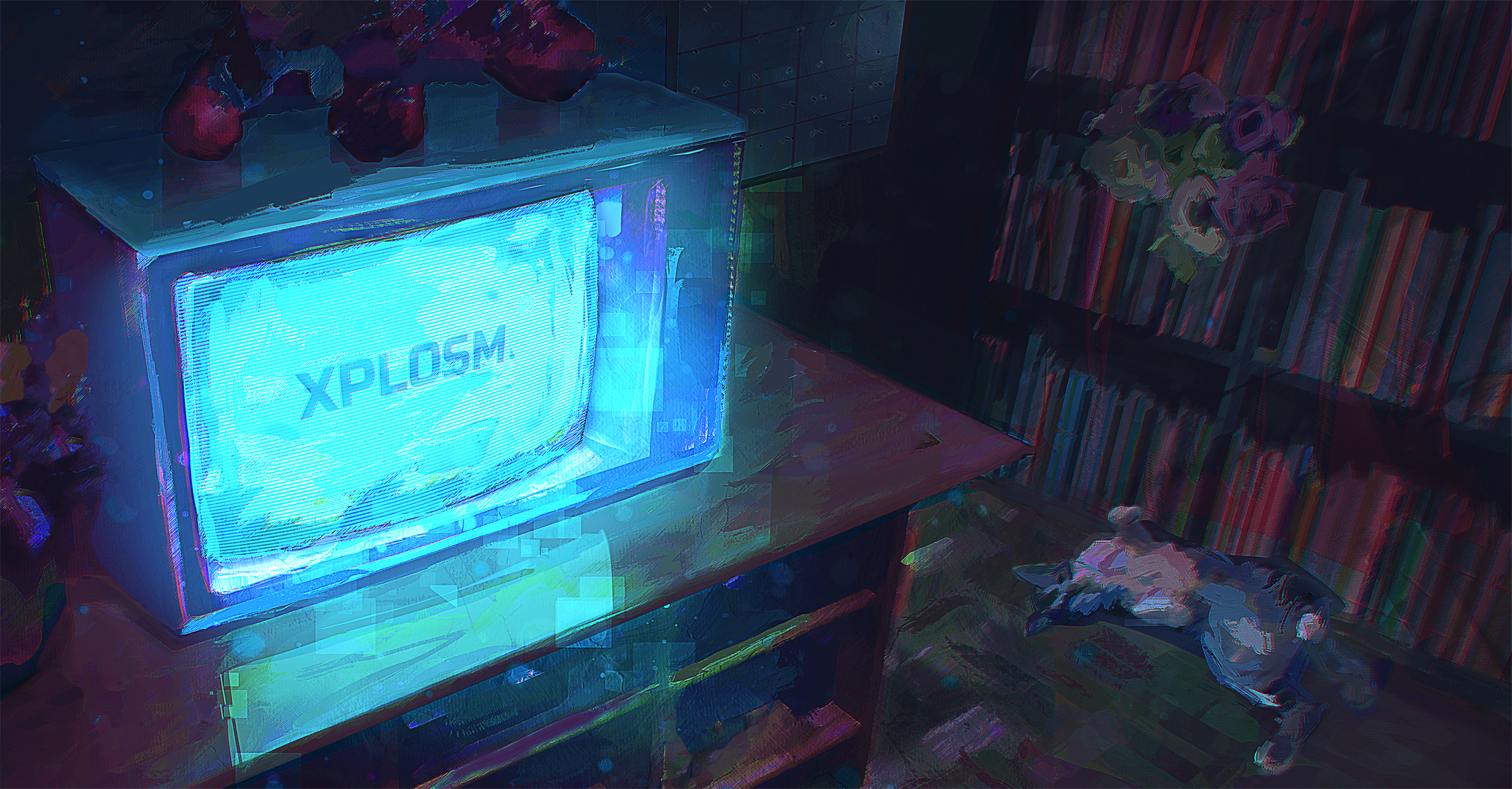A vintage CRT television displaying the word 'XPLOSM' in a room with a bookshelf, a vase of flowers, and a small dog lying on the floor.