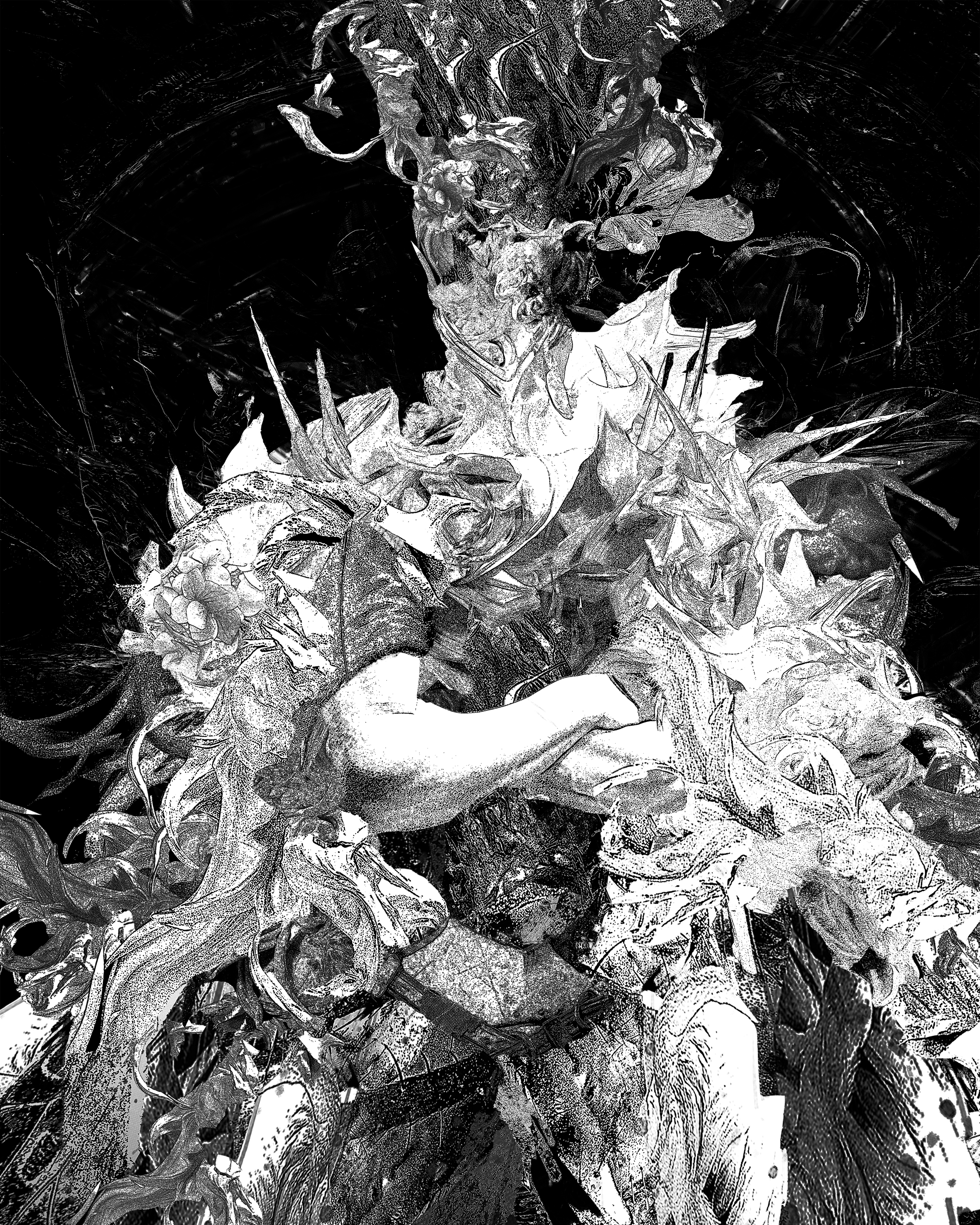 Black and white abstract image depicting a person with long hair, intertwined with various natural elements such as leaves, branches, and flowers.