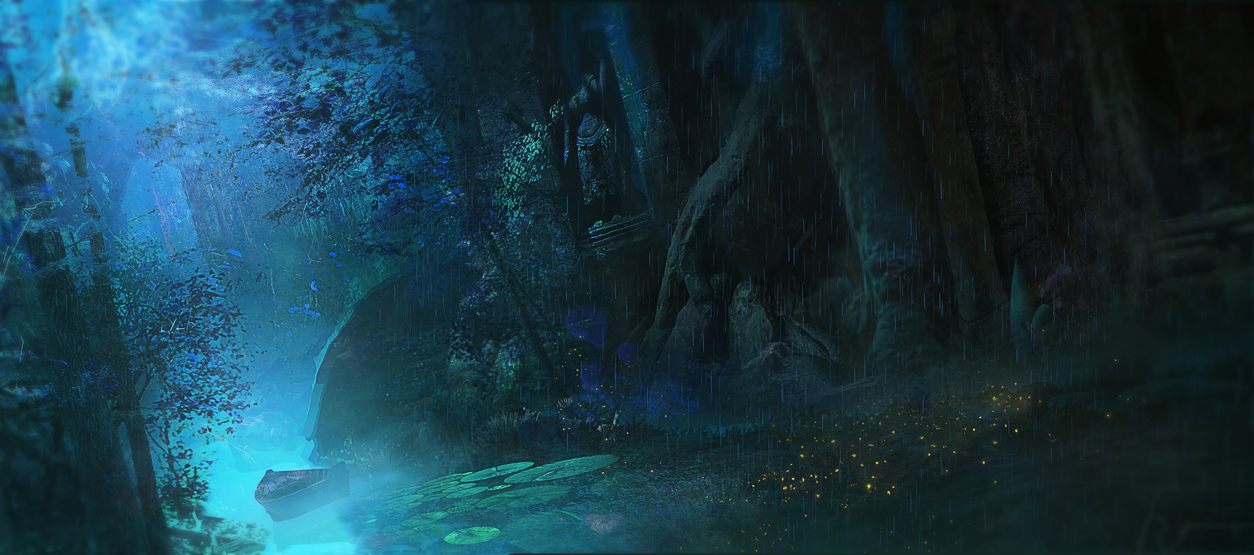 A dark, mystical forest scene with a glowing blue river, a small boat on the water, and fireflies illuminating the area. There are trees and large rocks surrounding the river, with rain falling in the scene.