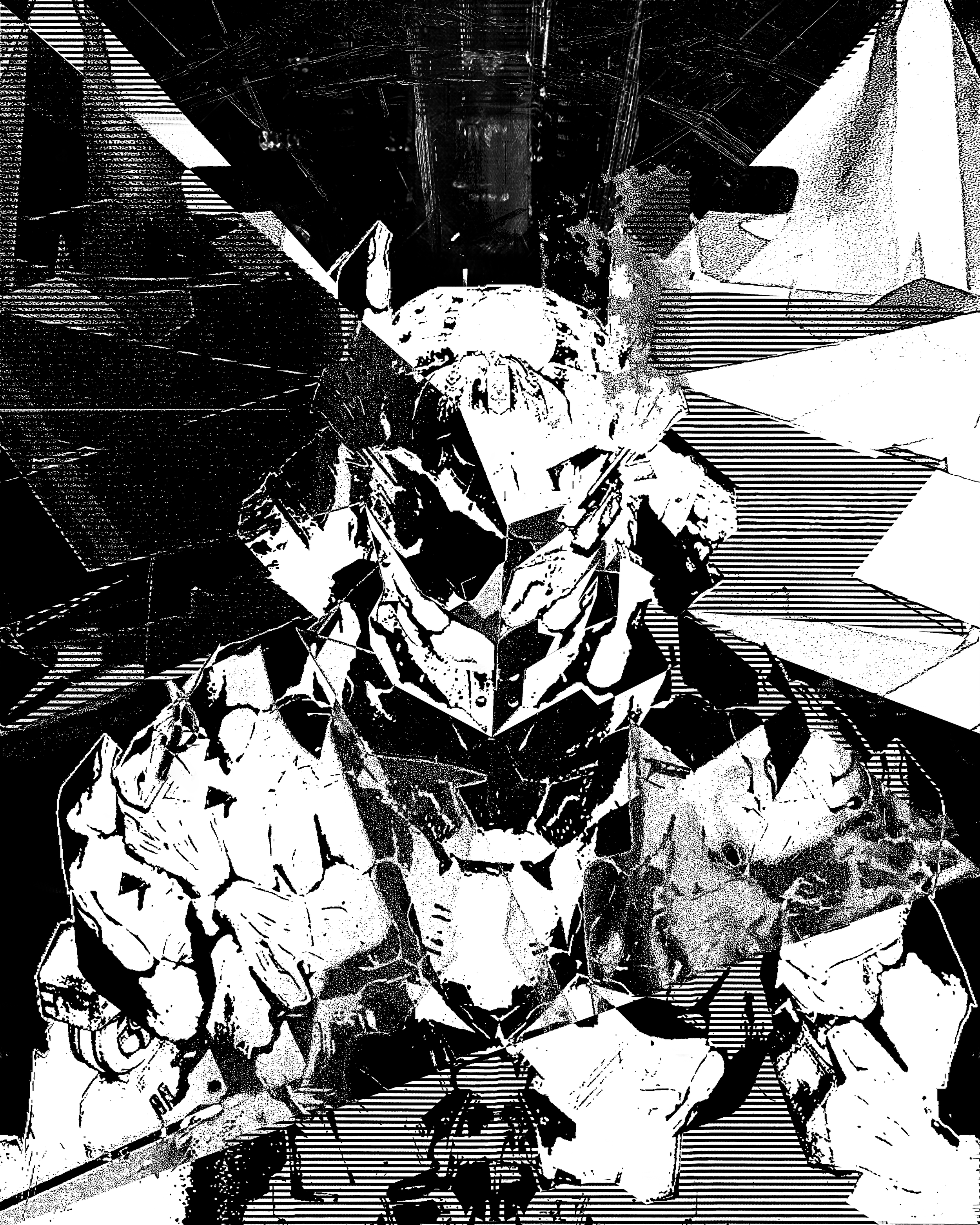 Black and white abstract image of a person wearing a helmet and futuristic armor, with geometric shapes and lines creating a digital, sci-fi appearance.